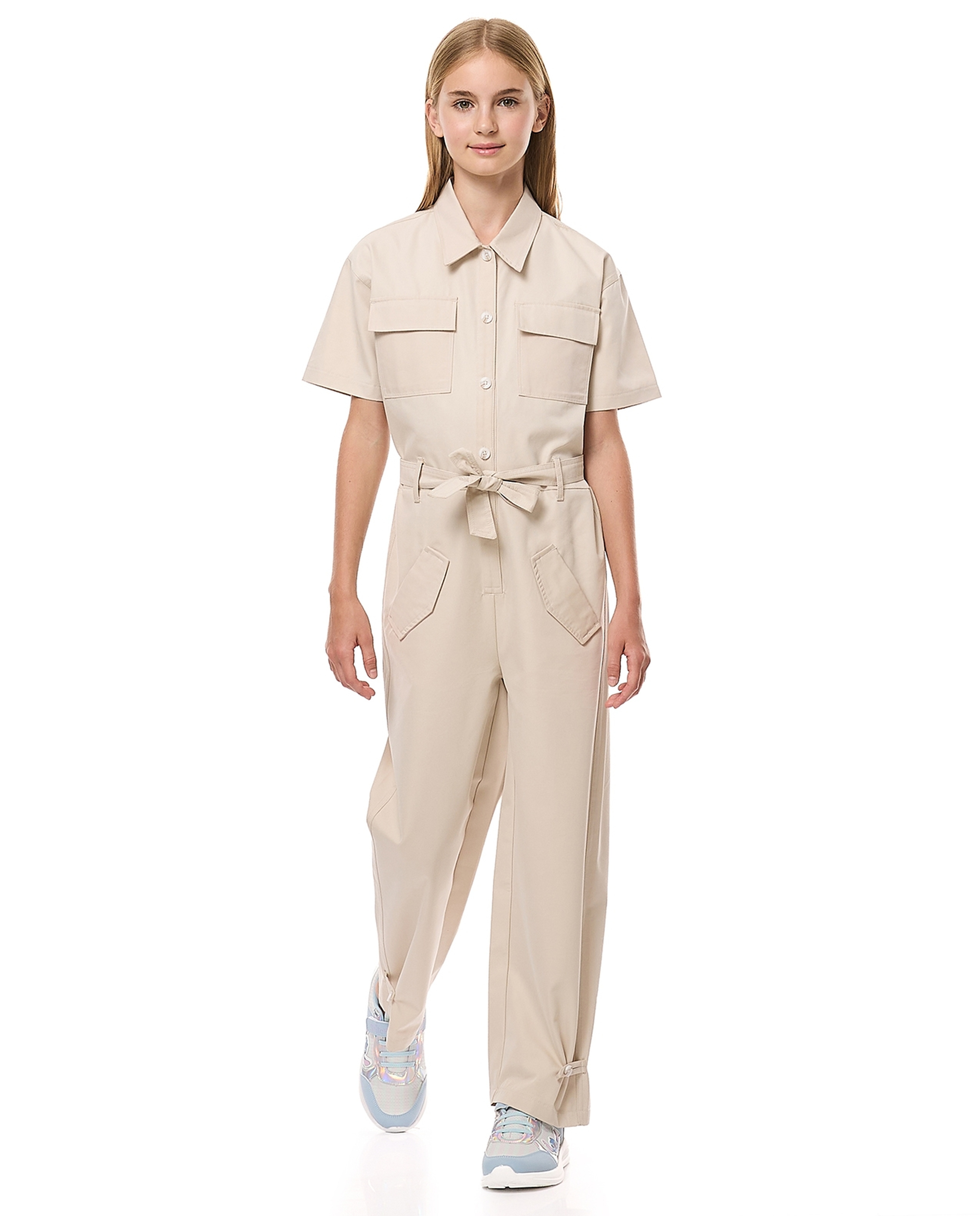 Pocket Detail Jumpsuit with Classic Collar and Short Sleeves