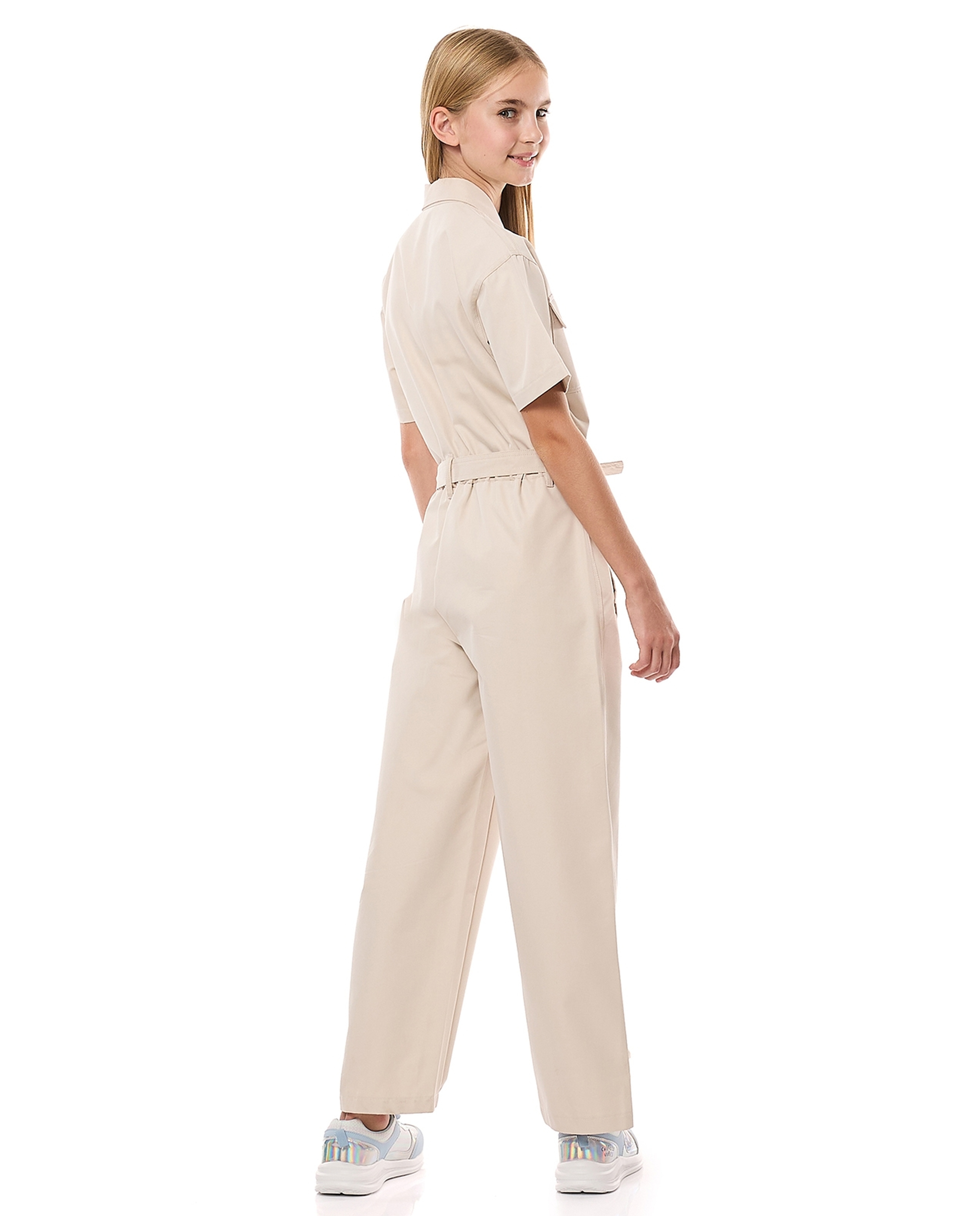 Pocket Detail Jumpsuit with Classic Collar and Short Sleeves