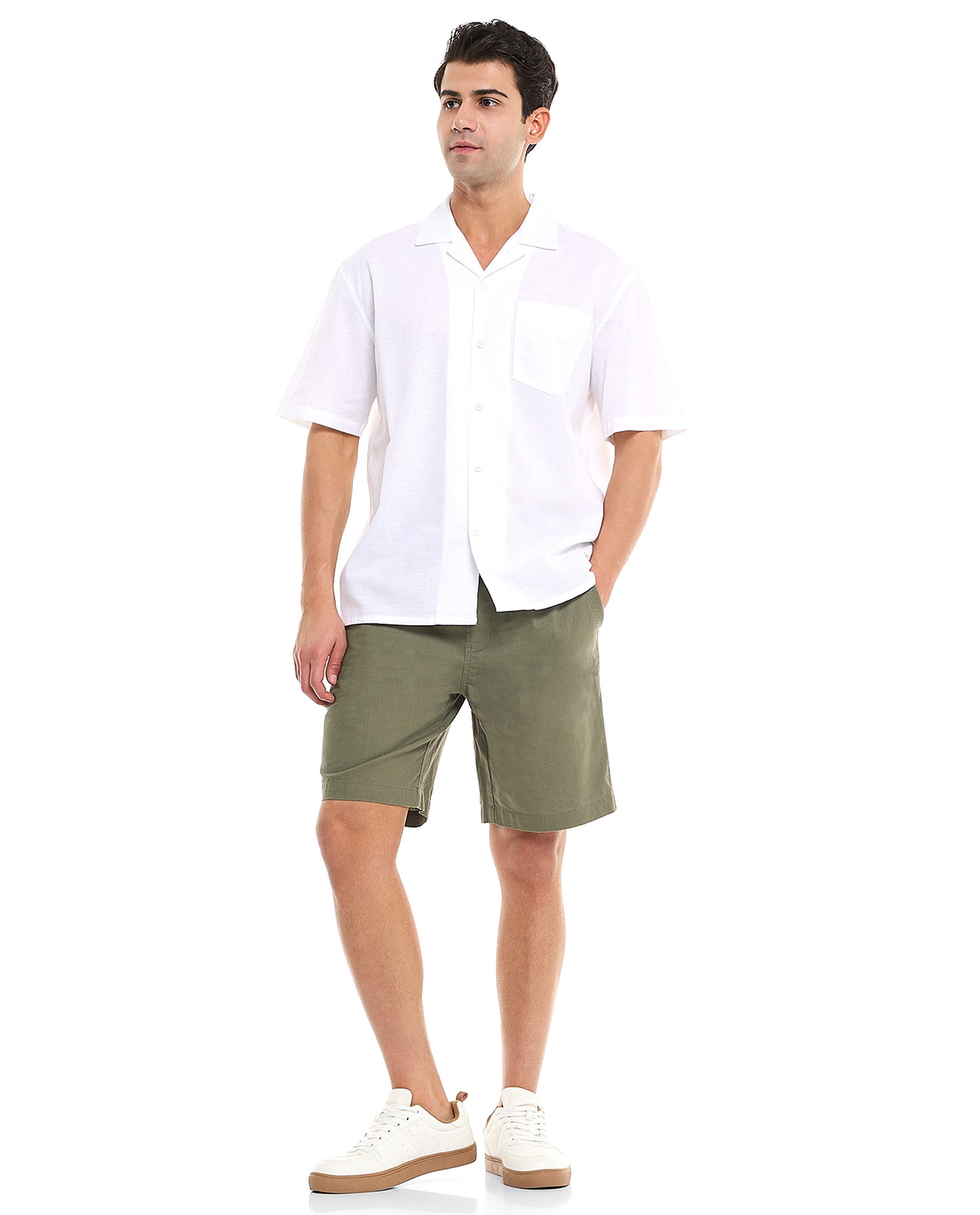 Solid Shirt With Spread Collar and Short Sleeves