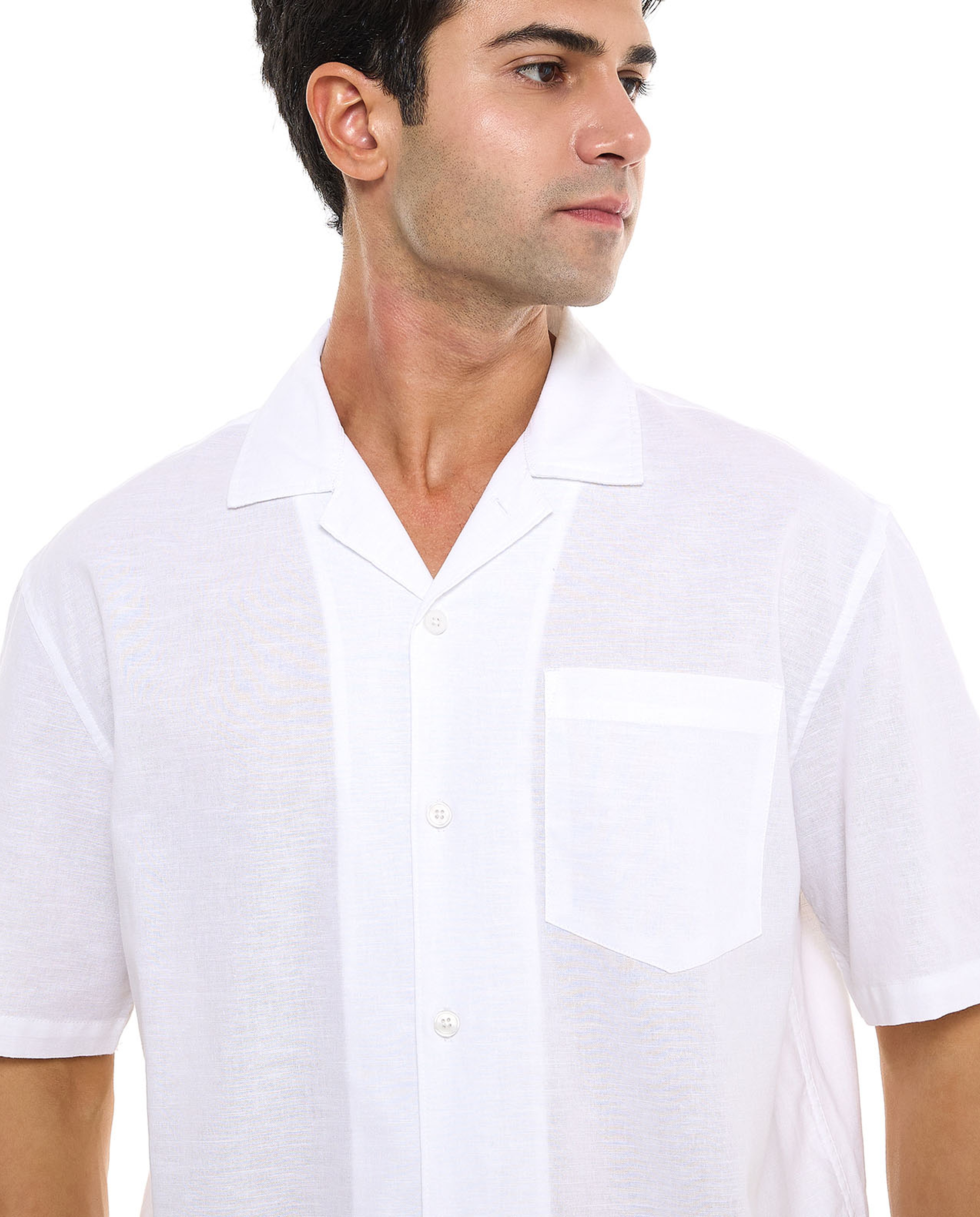 Solid Shirt With Spread Collar and Short Sleeves