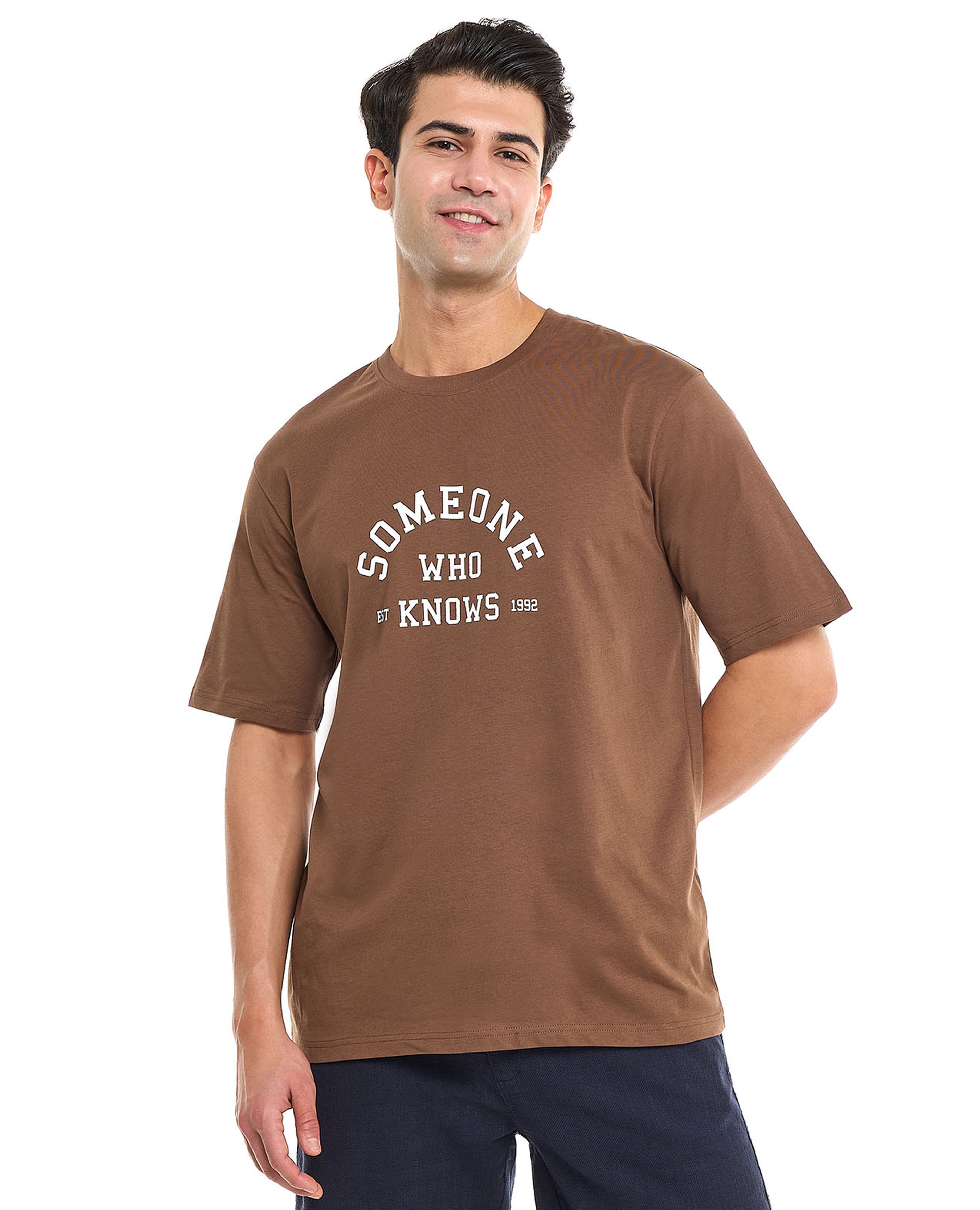 Typography Print T-Shirt With Crew Neck and Short Sleeves