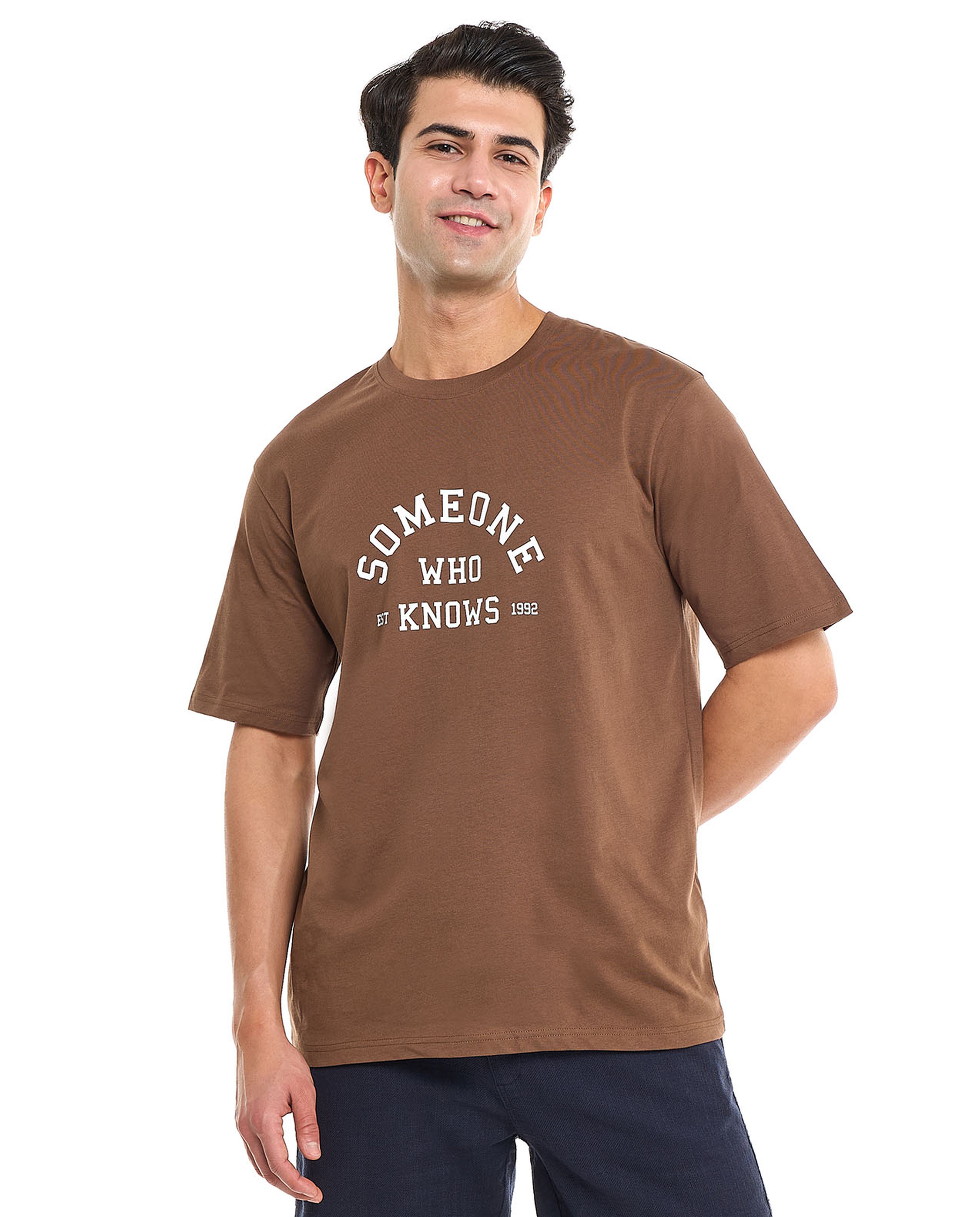 Typography Print T-Shirt With Crew Neck and Short Sleeves