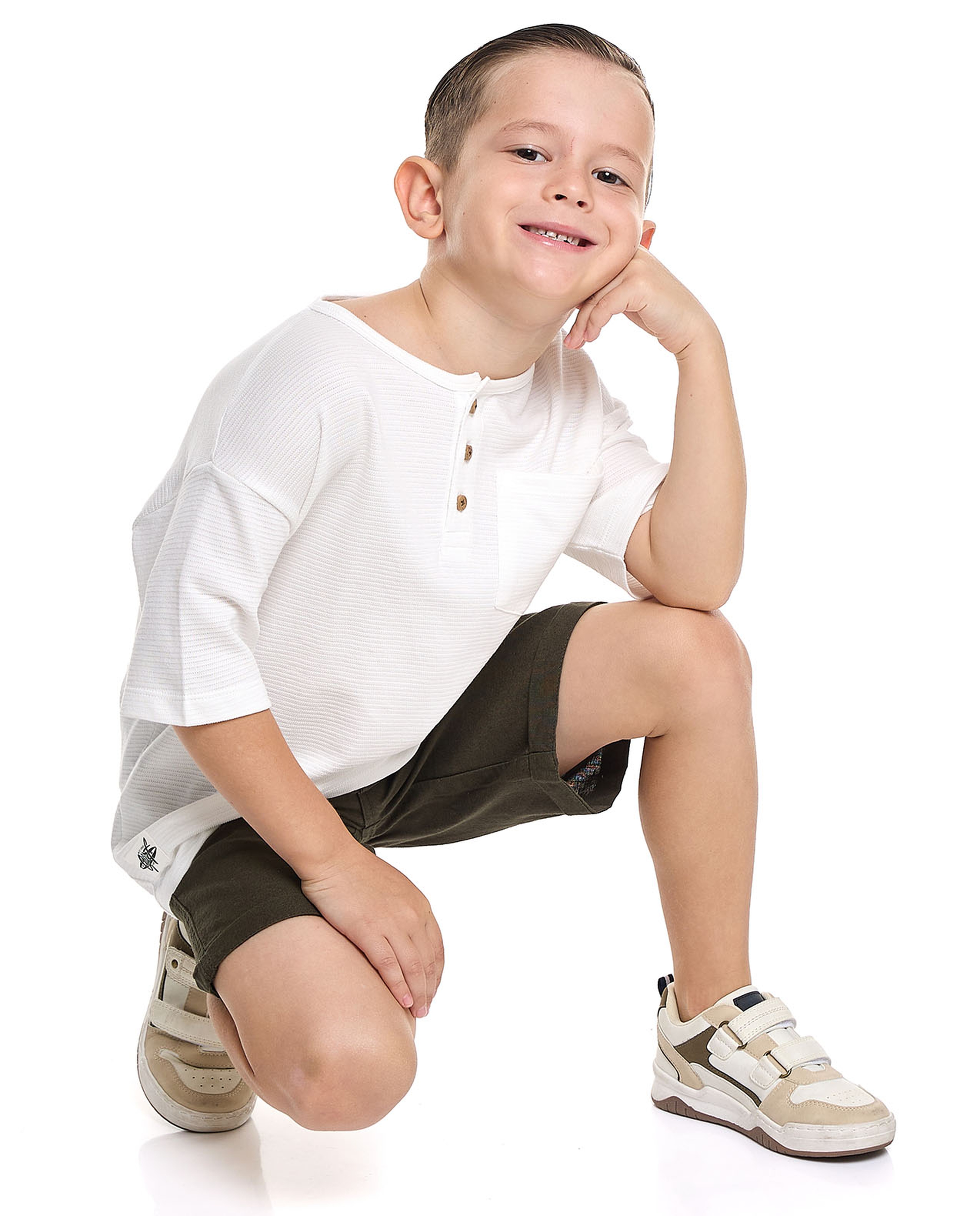Textured T-Shirt with Henley Neck and Short Sleeves