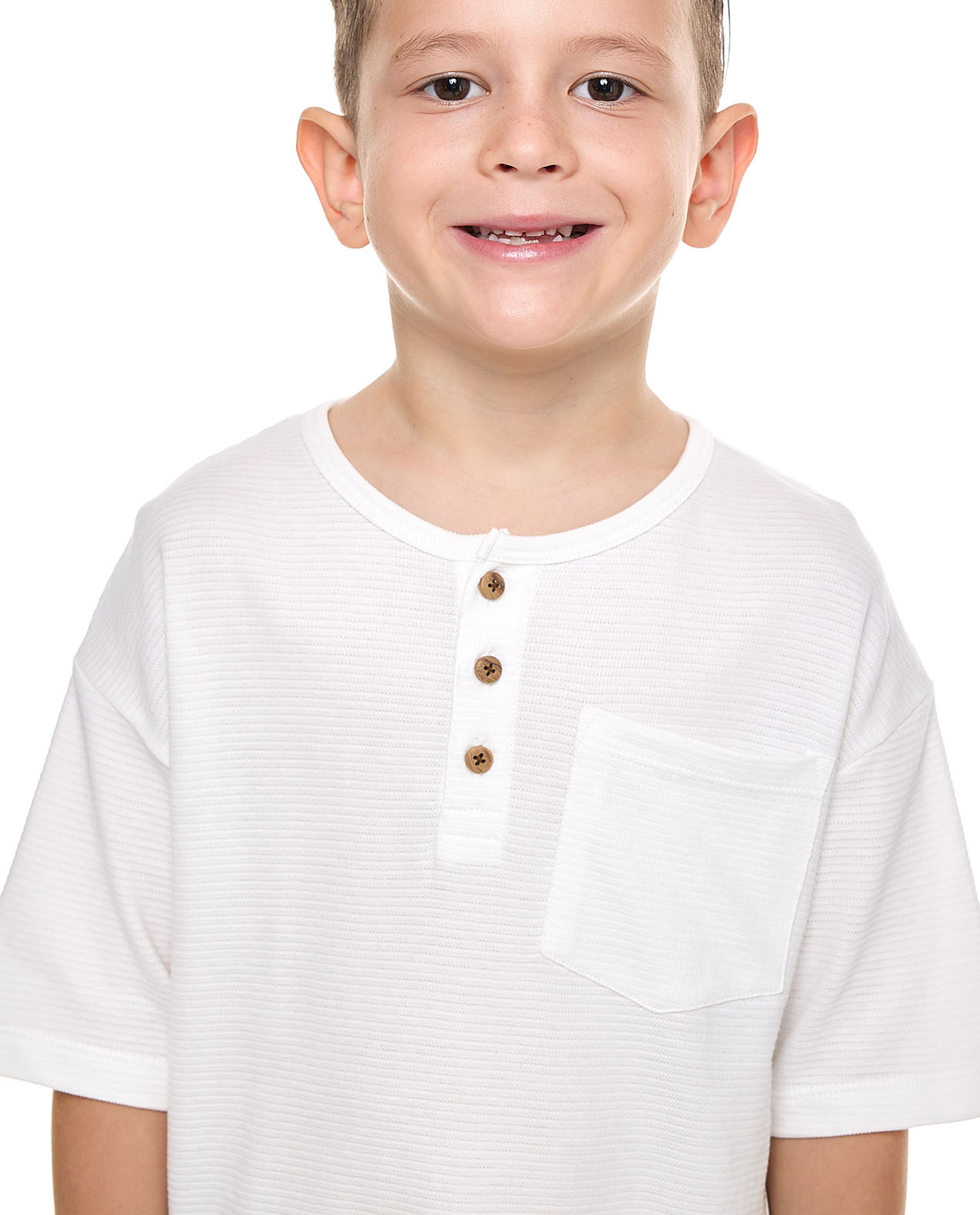 Textured T-Shirt with Henley Neck and Short Sleeves