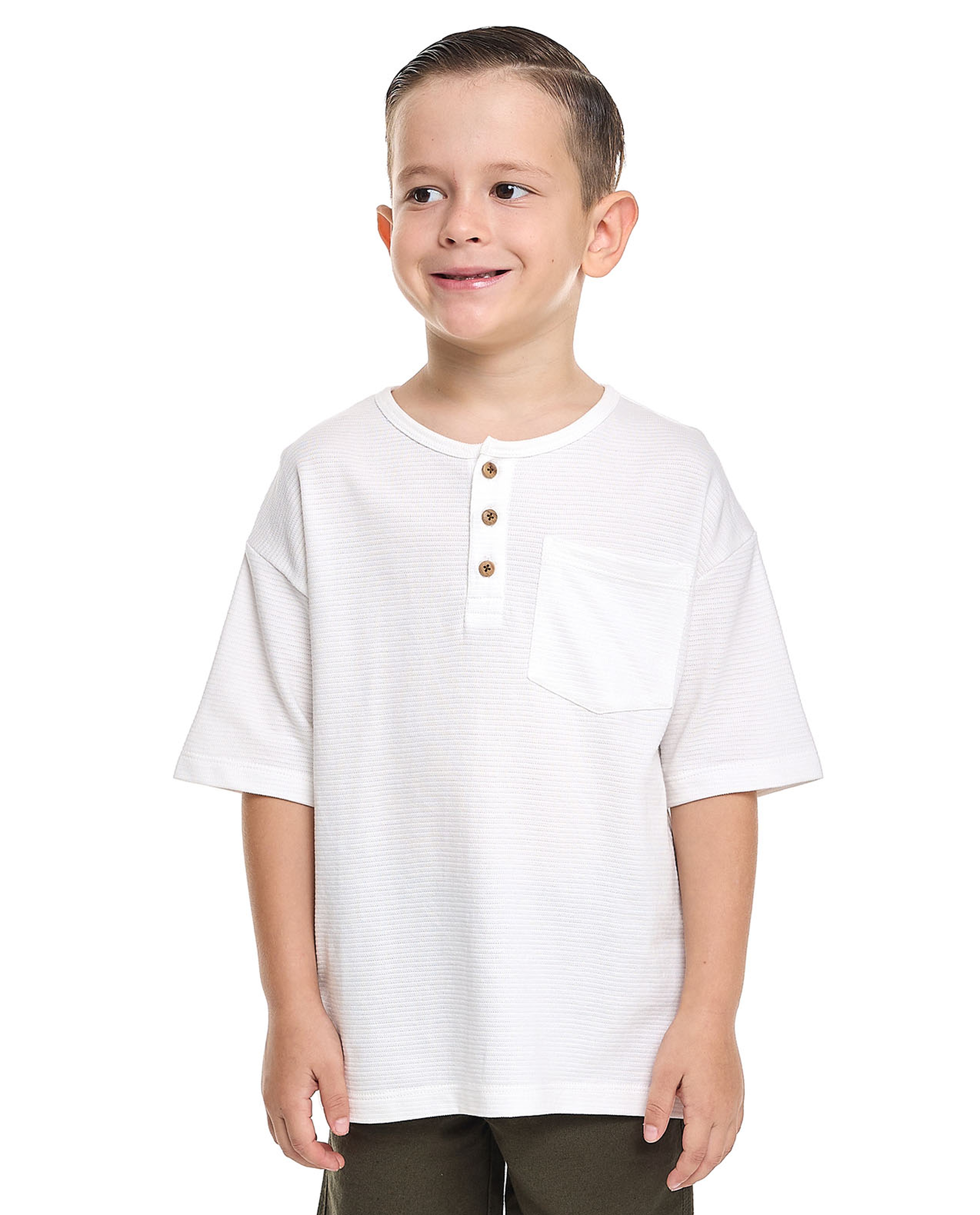 Textured T-Shirt with Henley Neck and Short Sleeves