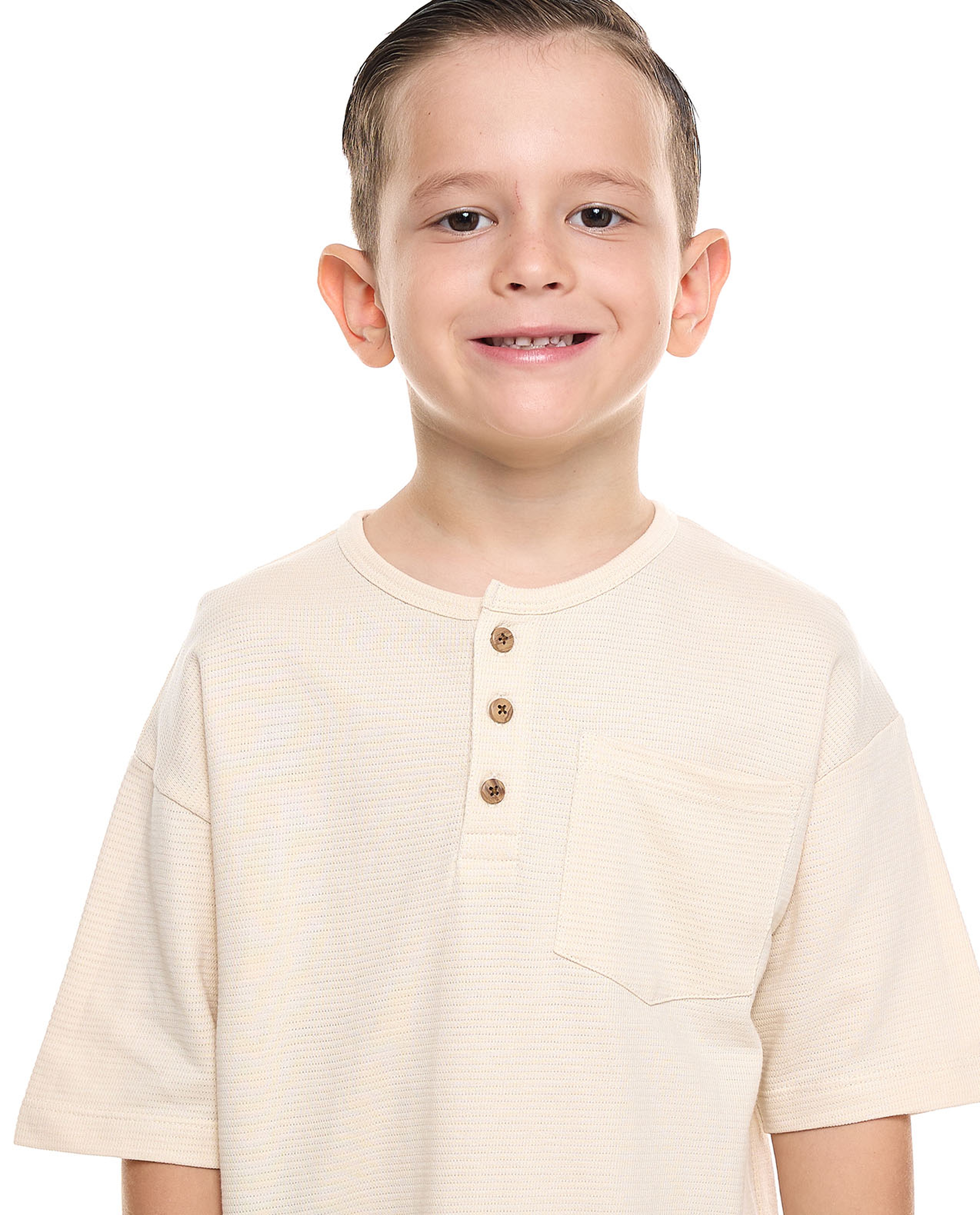 Textured T-Shirt with Henley Neck and Short Sleeves