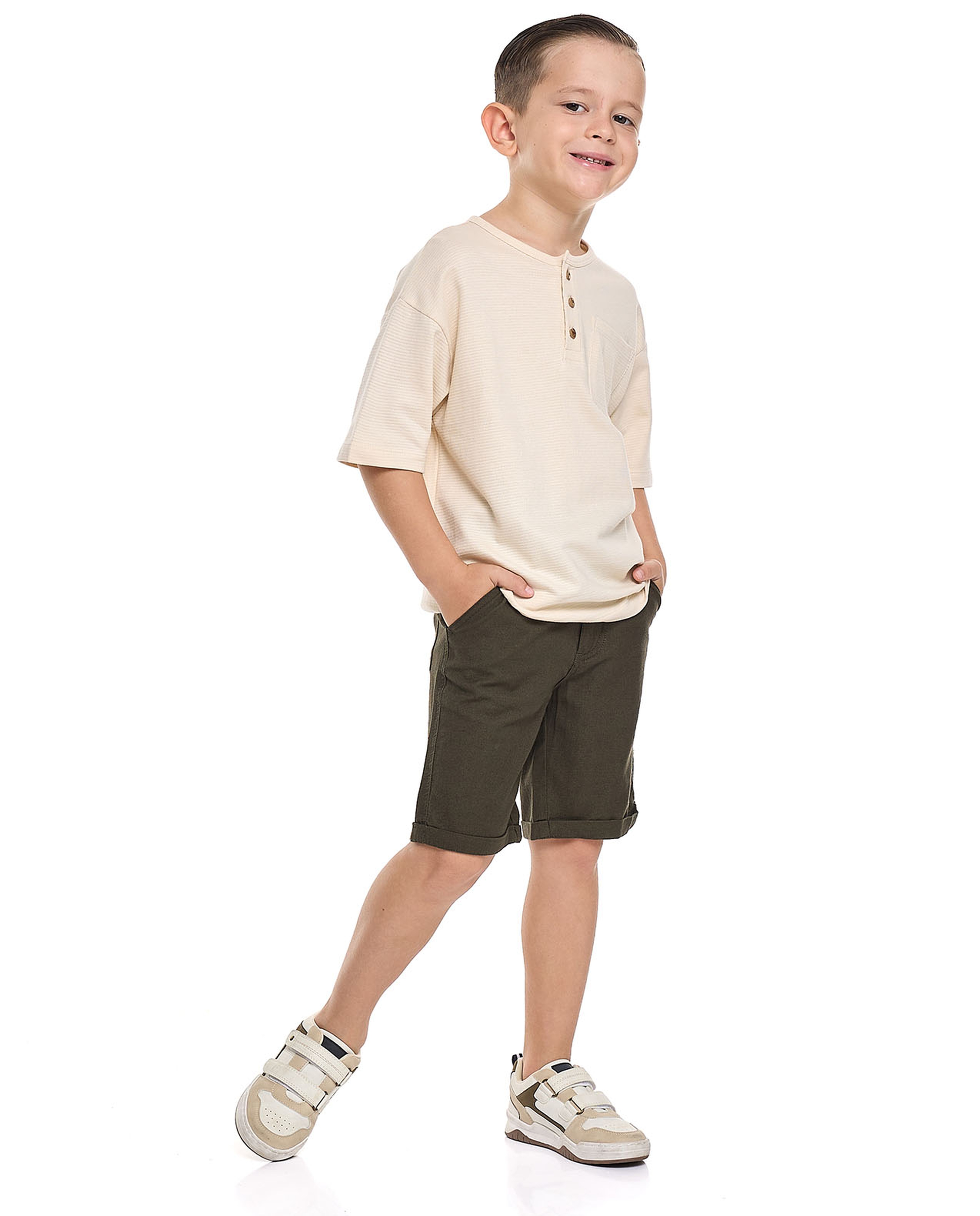 Textured T-Shirt with Henley Neck and Short Sleeves