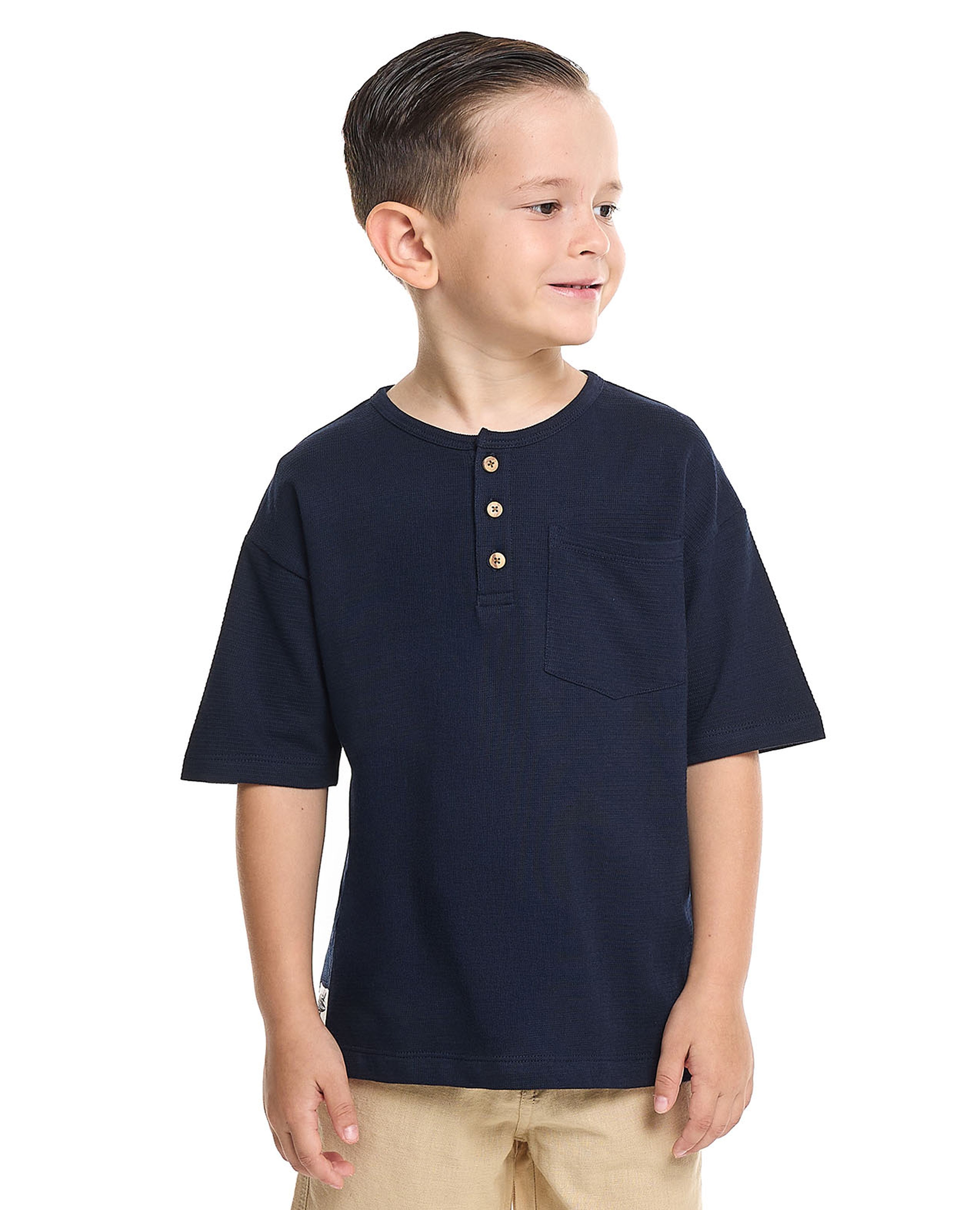 Textured T-Shirt with Henley Neck and Short Sleeves