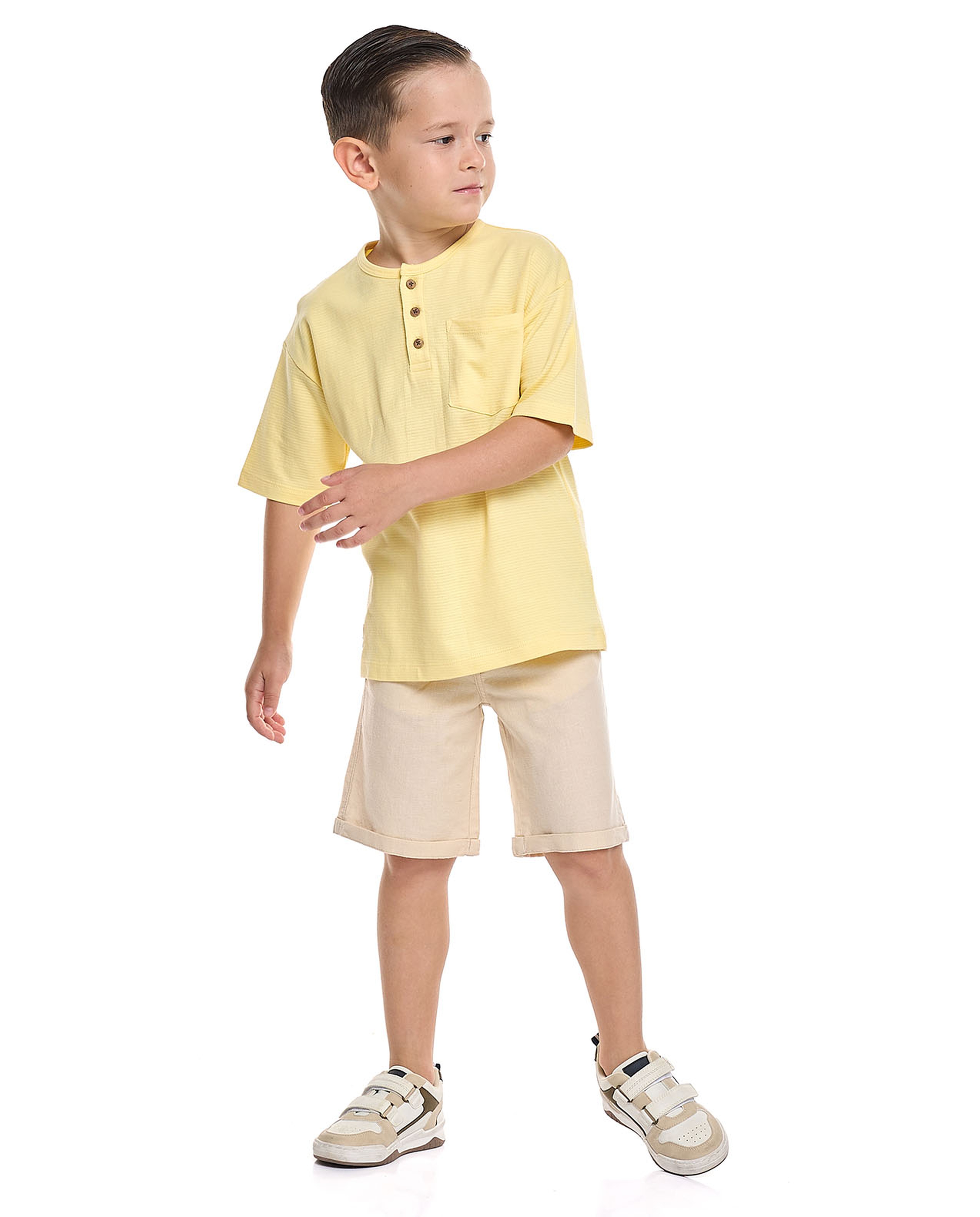 Textured T-Shirt with Henley Neck and Short Sleeves