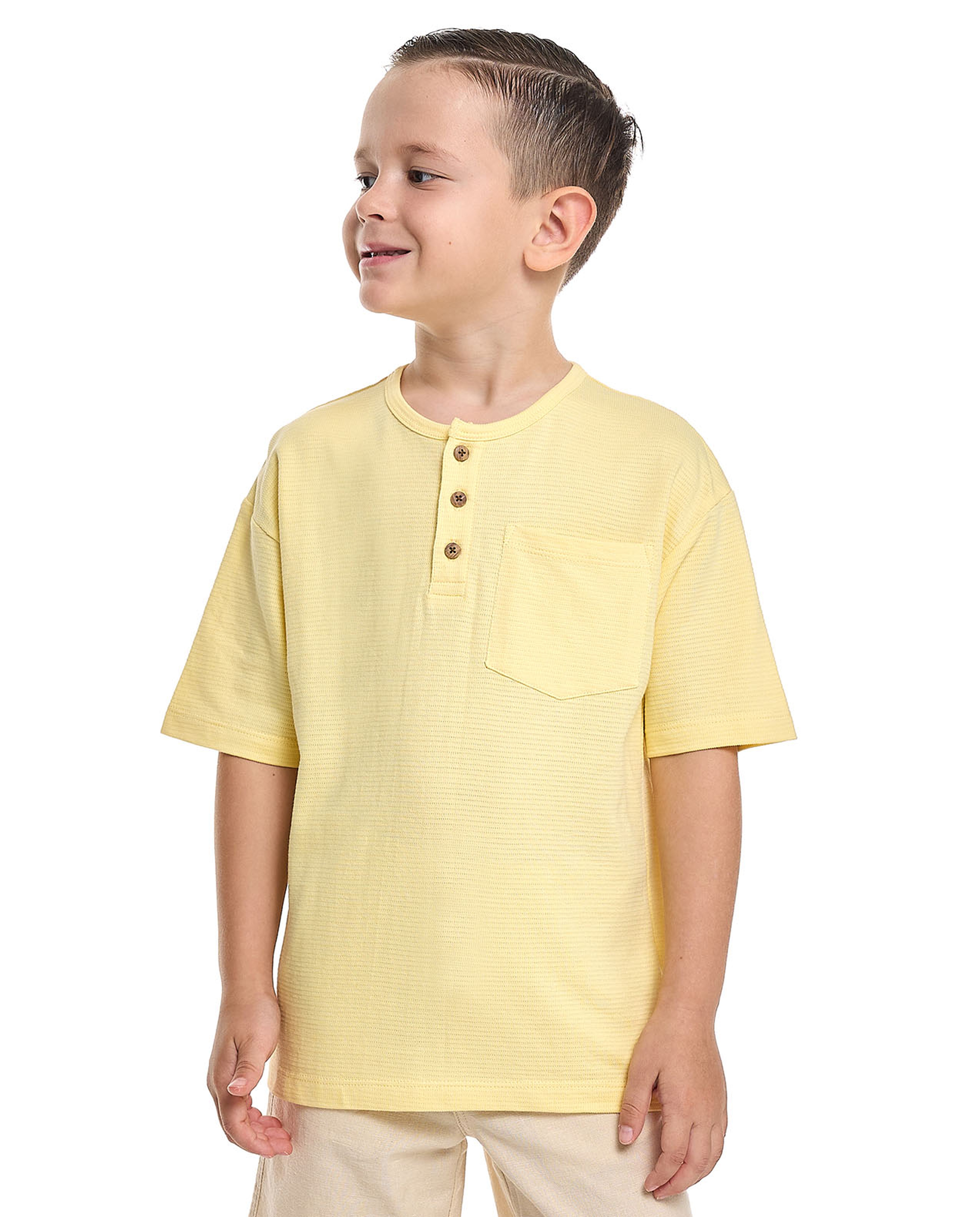 Textured T-Shirt with Henley Neck and Short Sleeves