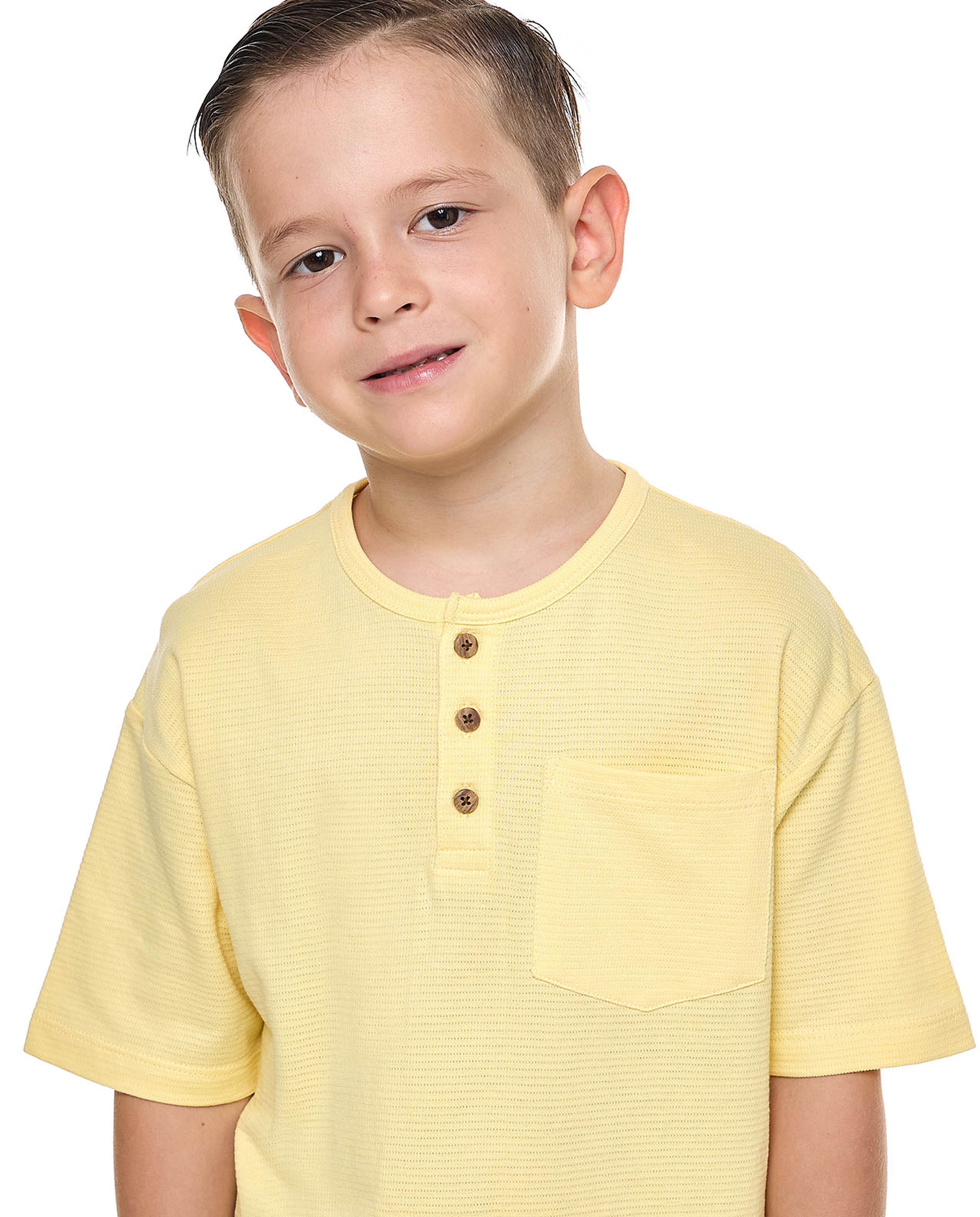 Textured T-Shirt with Henley Neck and Short Sleeves