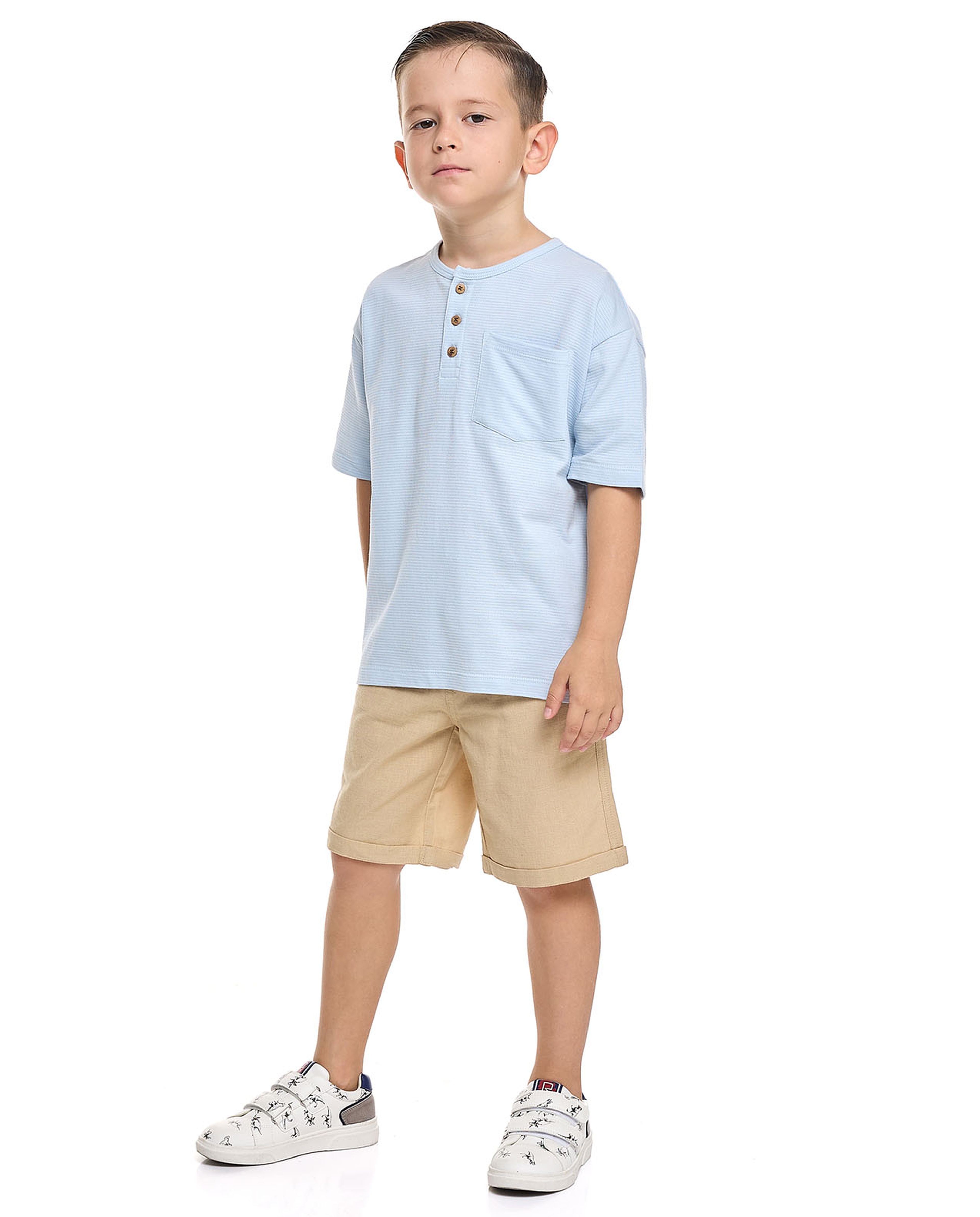 Textured T-Shirt with Henley Neck and Short Sleeves