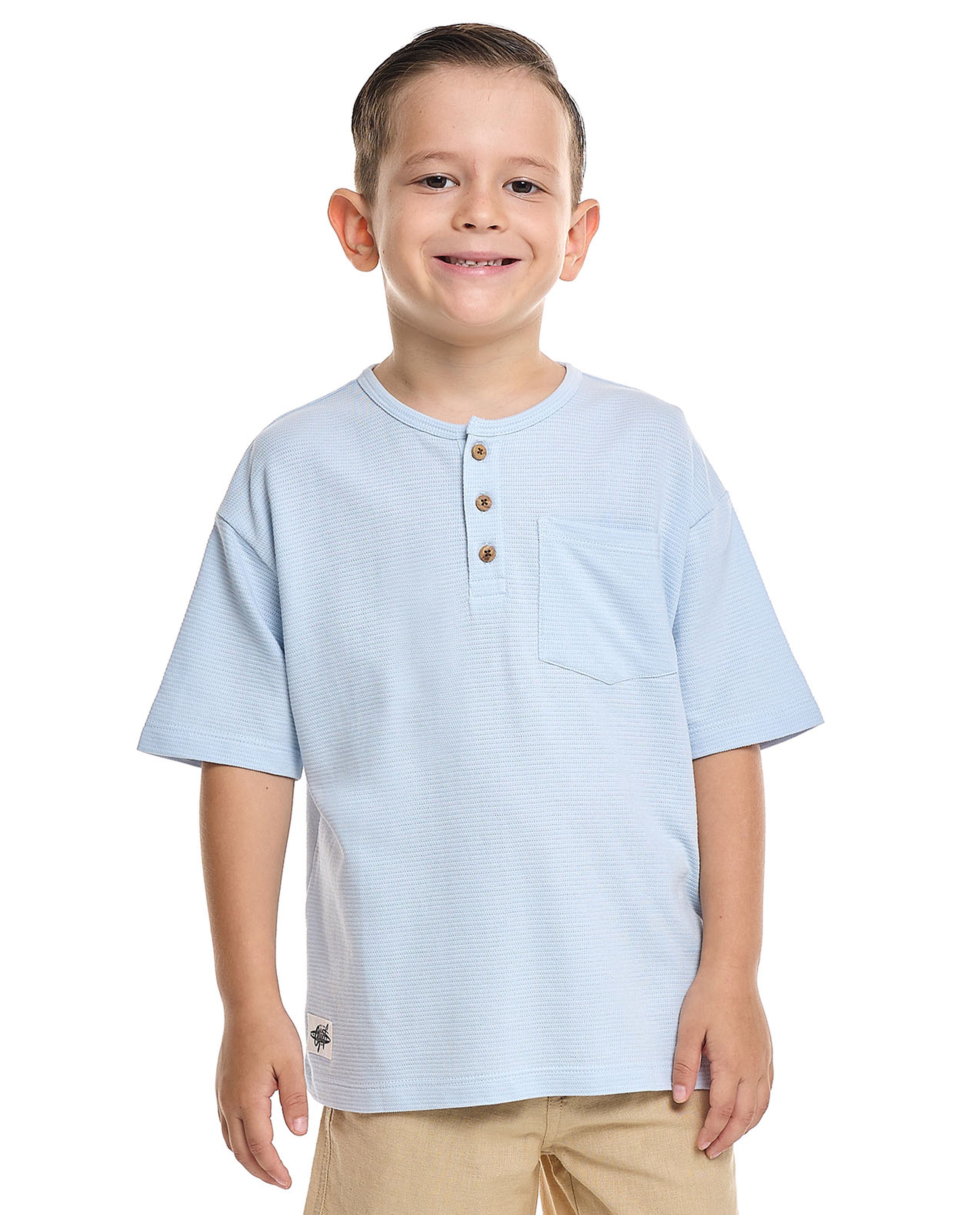 Textured T-Shirt with Henley Neck and Short Sleeves