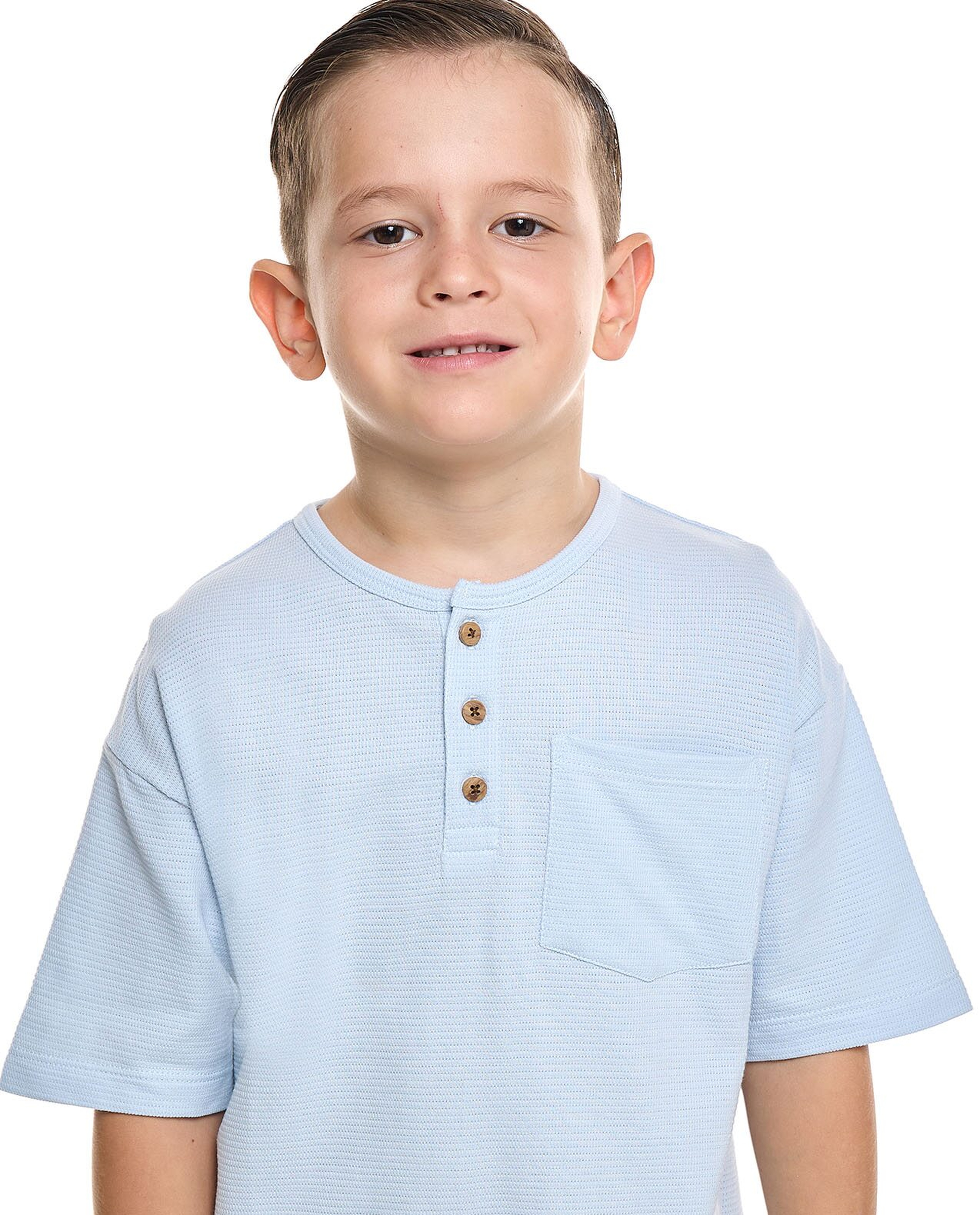 Textured T-Shirt with Henley Neck and Short Sleeves