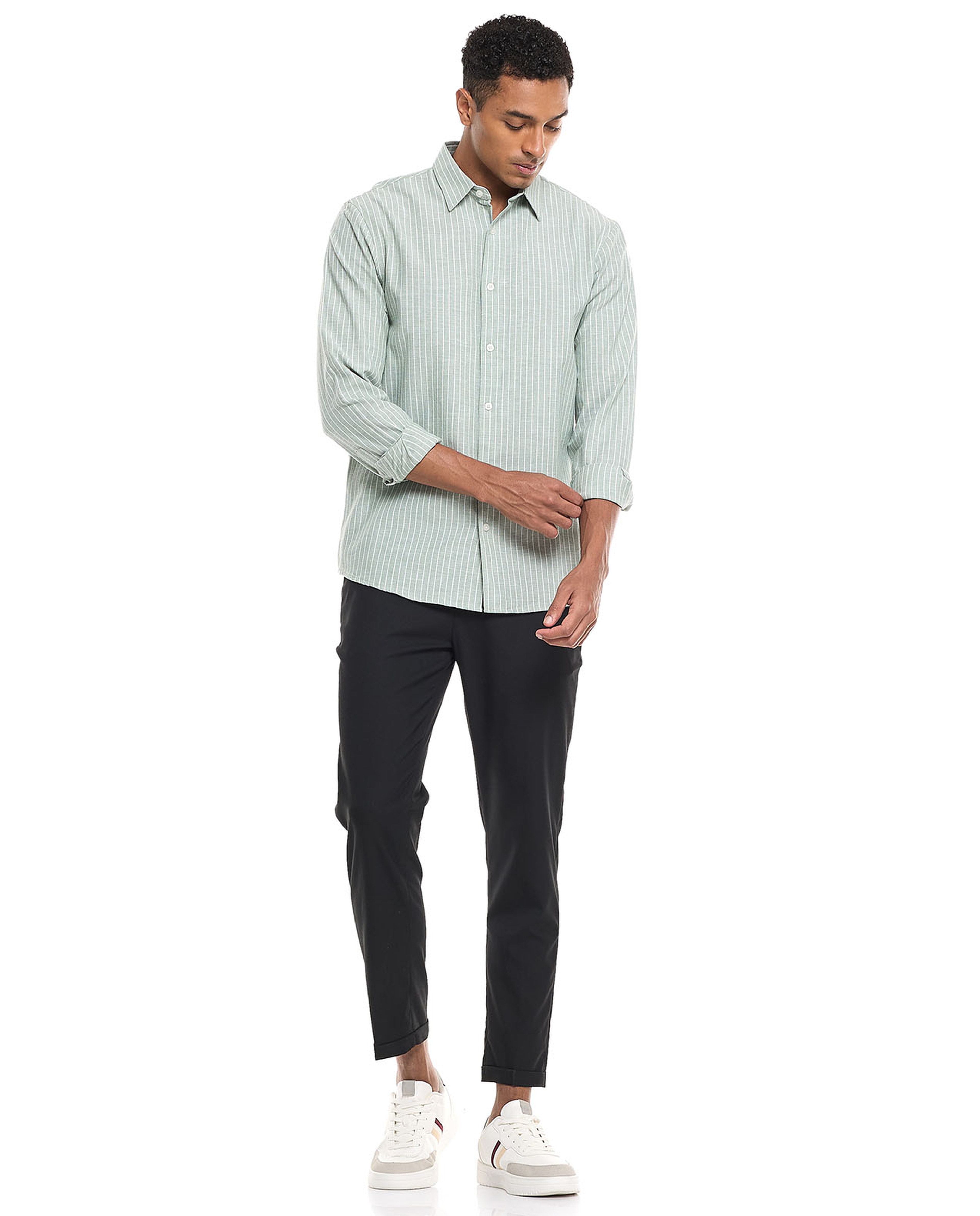 Textured Shirt With Stand Collar and Long Sleeves