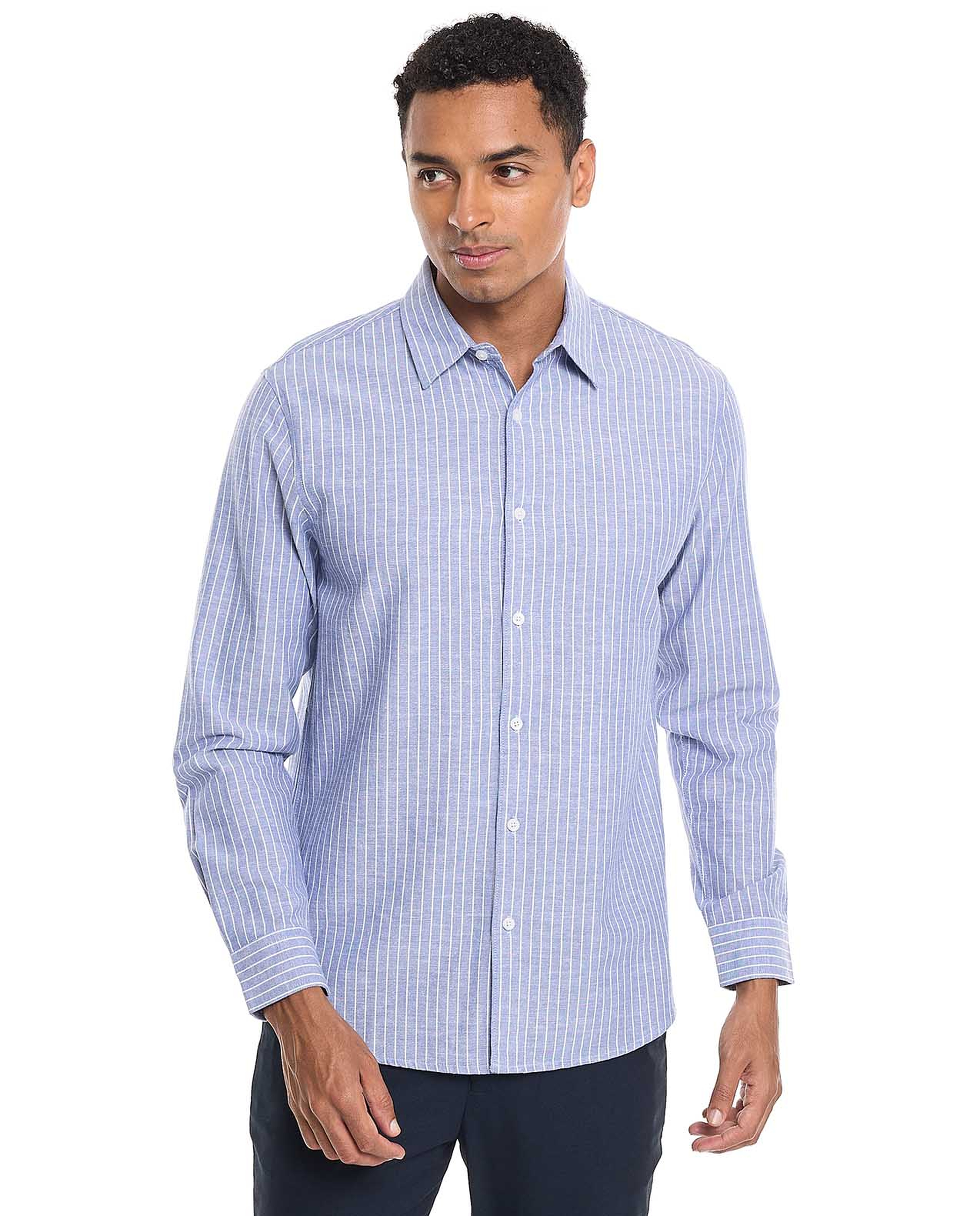 Textured Shirt With Stand Collar and Long Sleeves