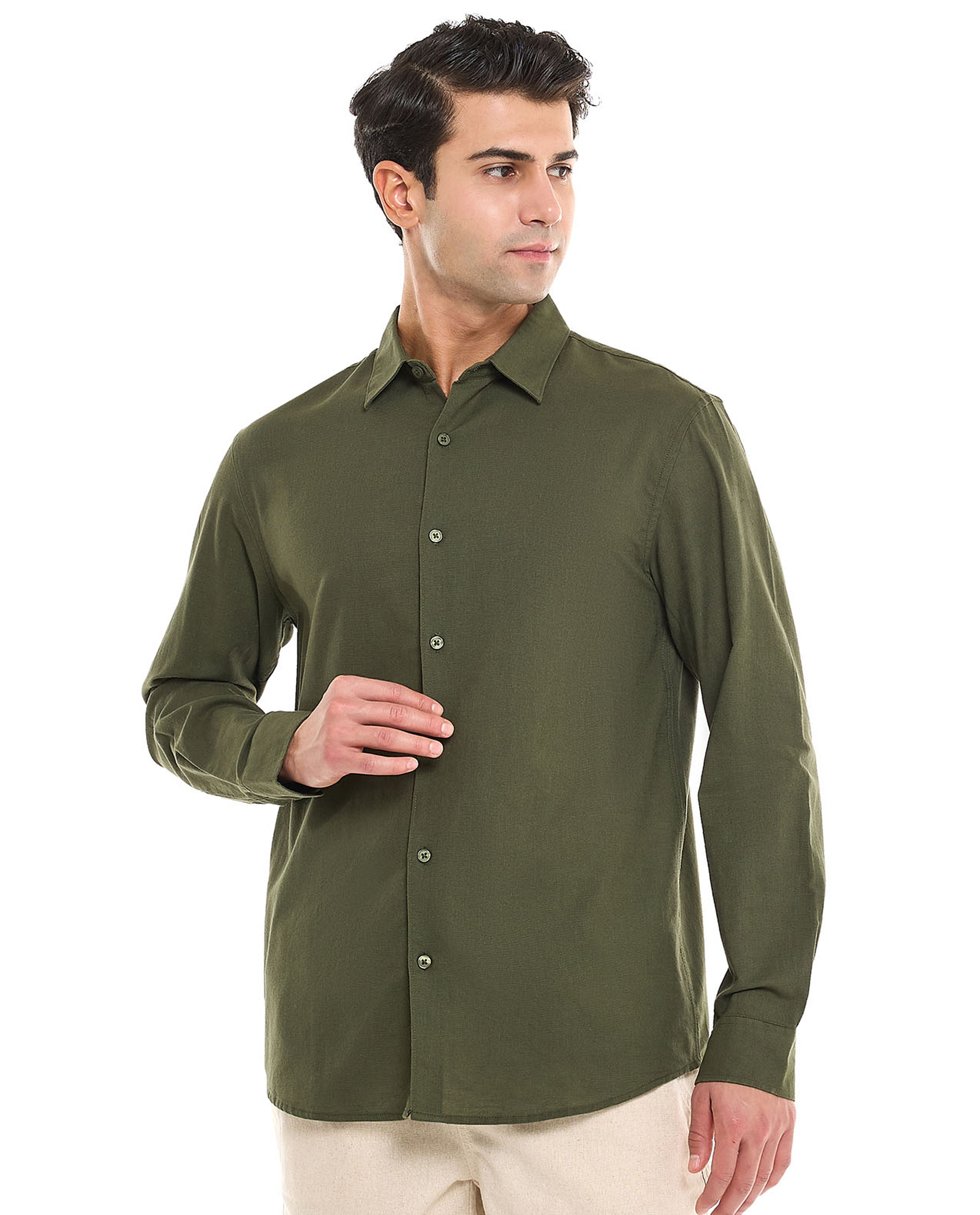 Solid Shirt With Stand Collar and Long Sleeves