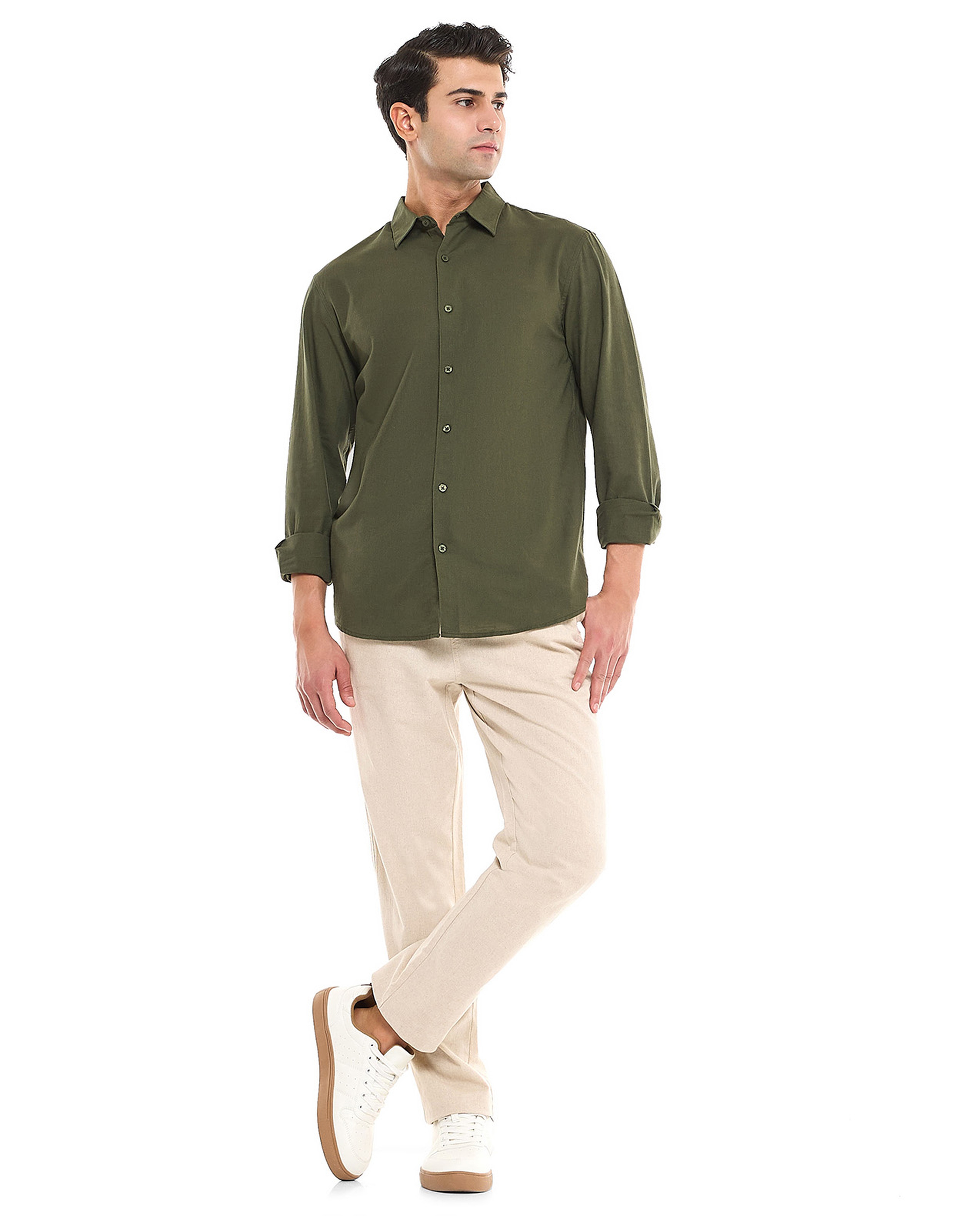 Solid Shirt With Stand Collar and Long Sleeves