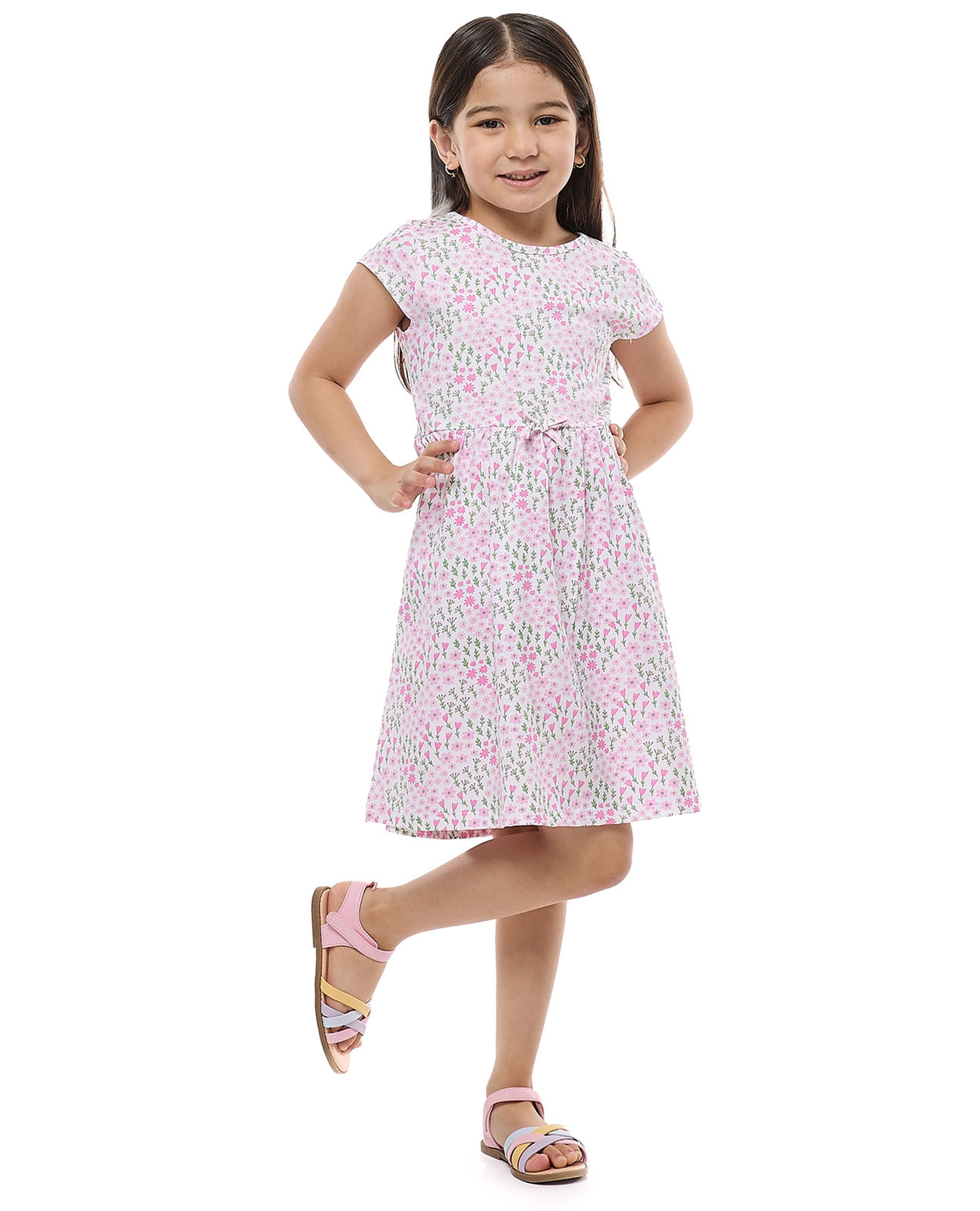 Printed Flared Dress With Crew Neck and Cap Sleeves