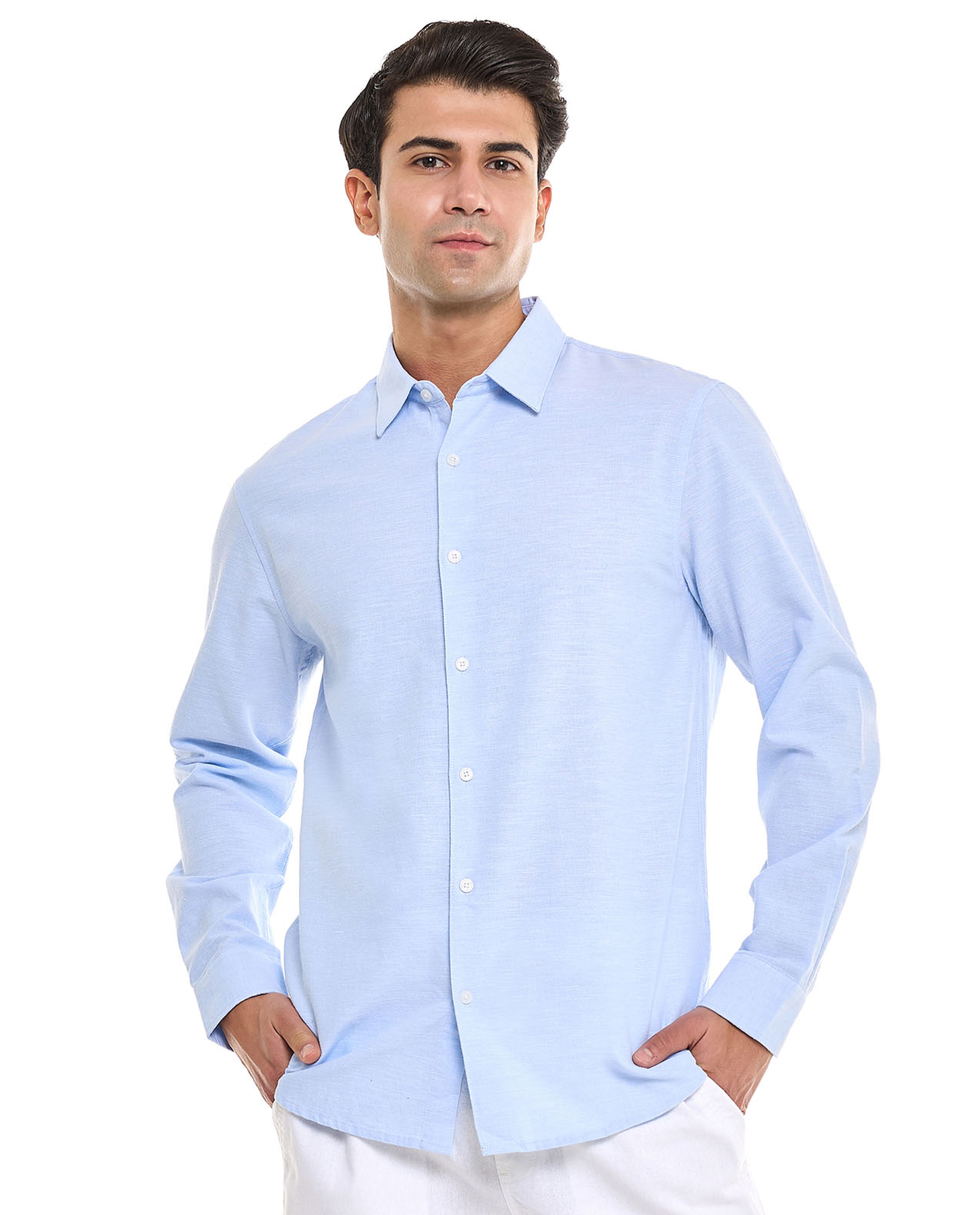 Solid Shirt With Stand Collar and Long Sleeves