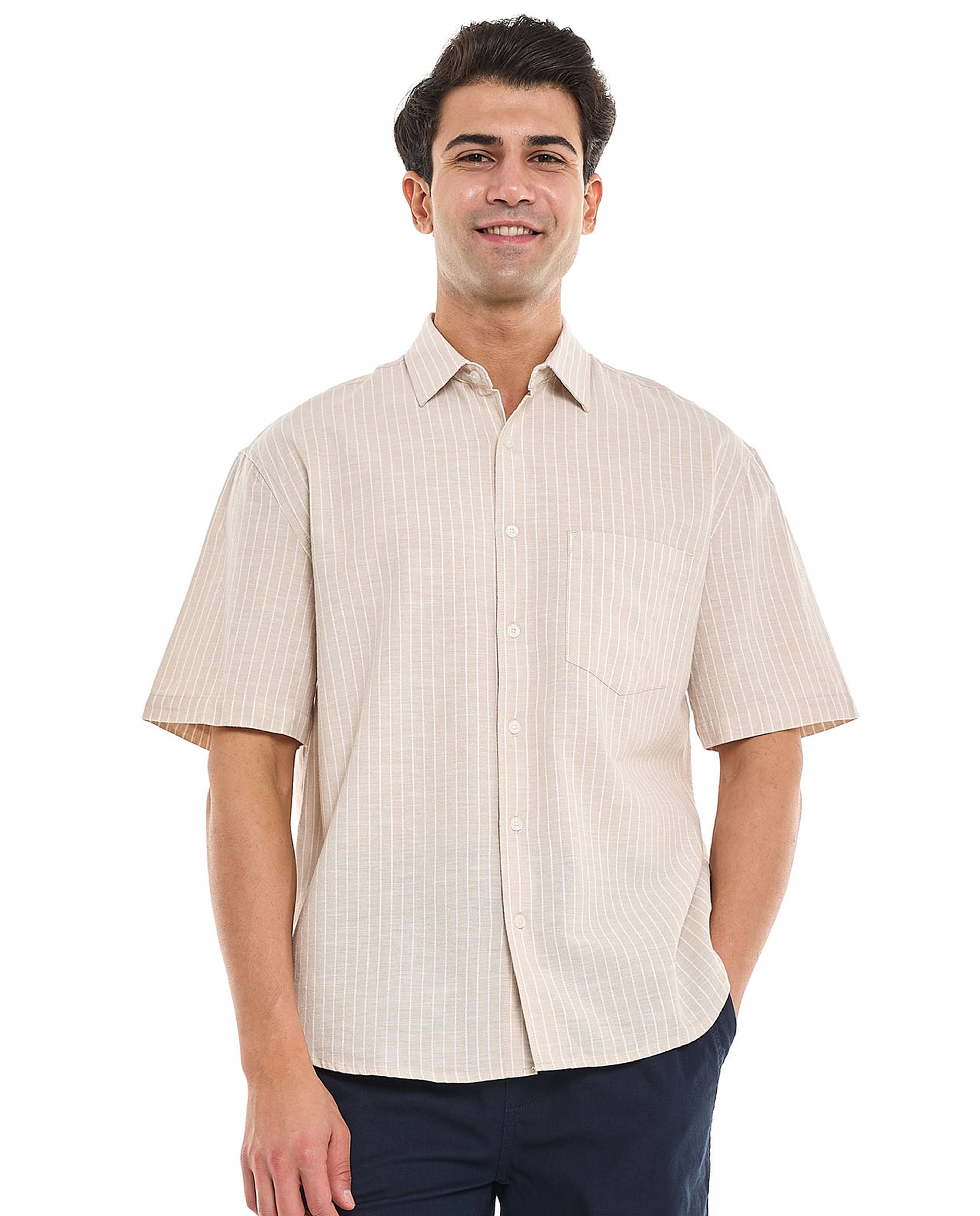 Striped Shirt With Spread Collar and Short Sleeves