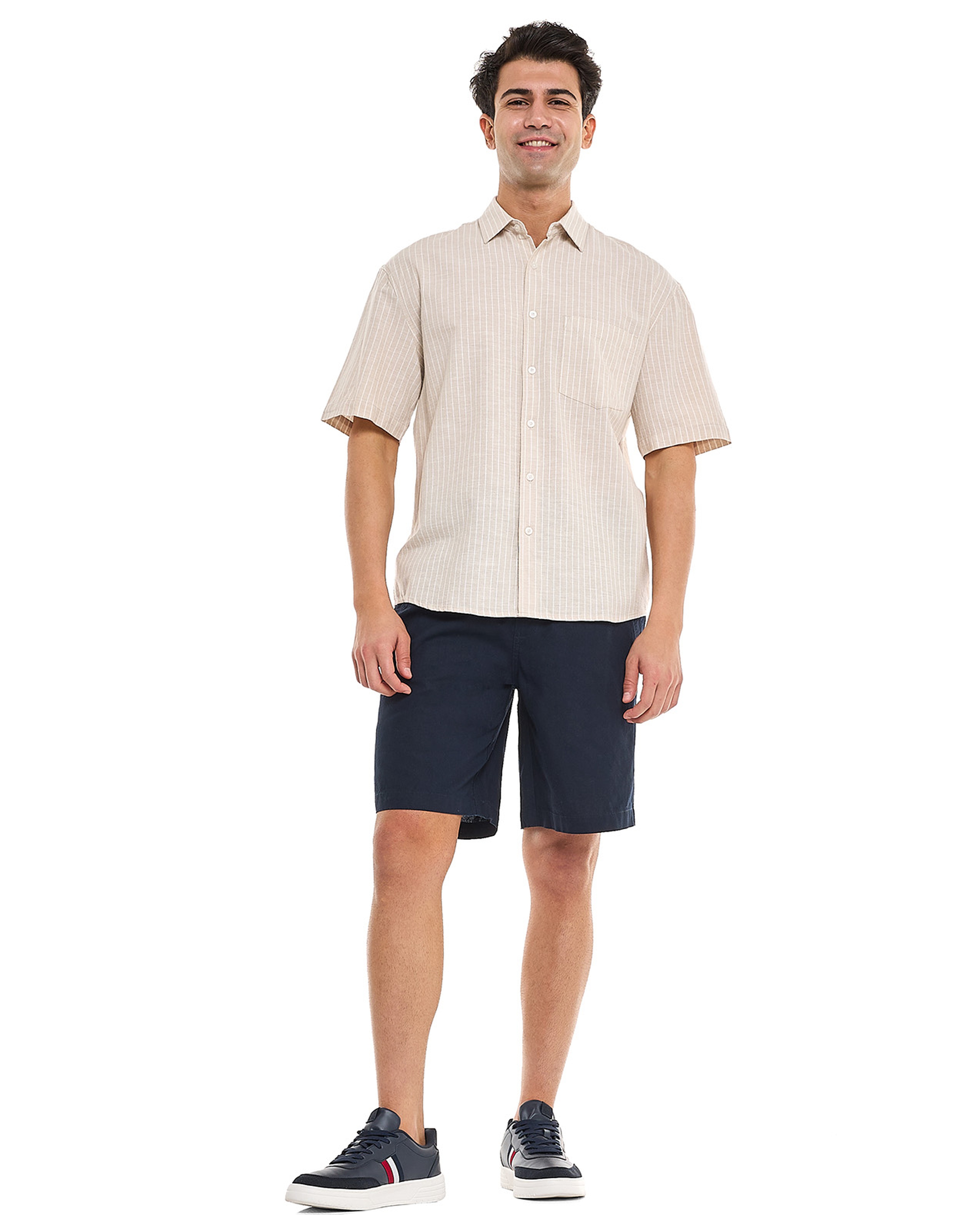 Striped Shirt With Spread Collar and Short Sleeves