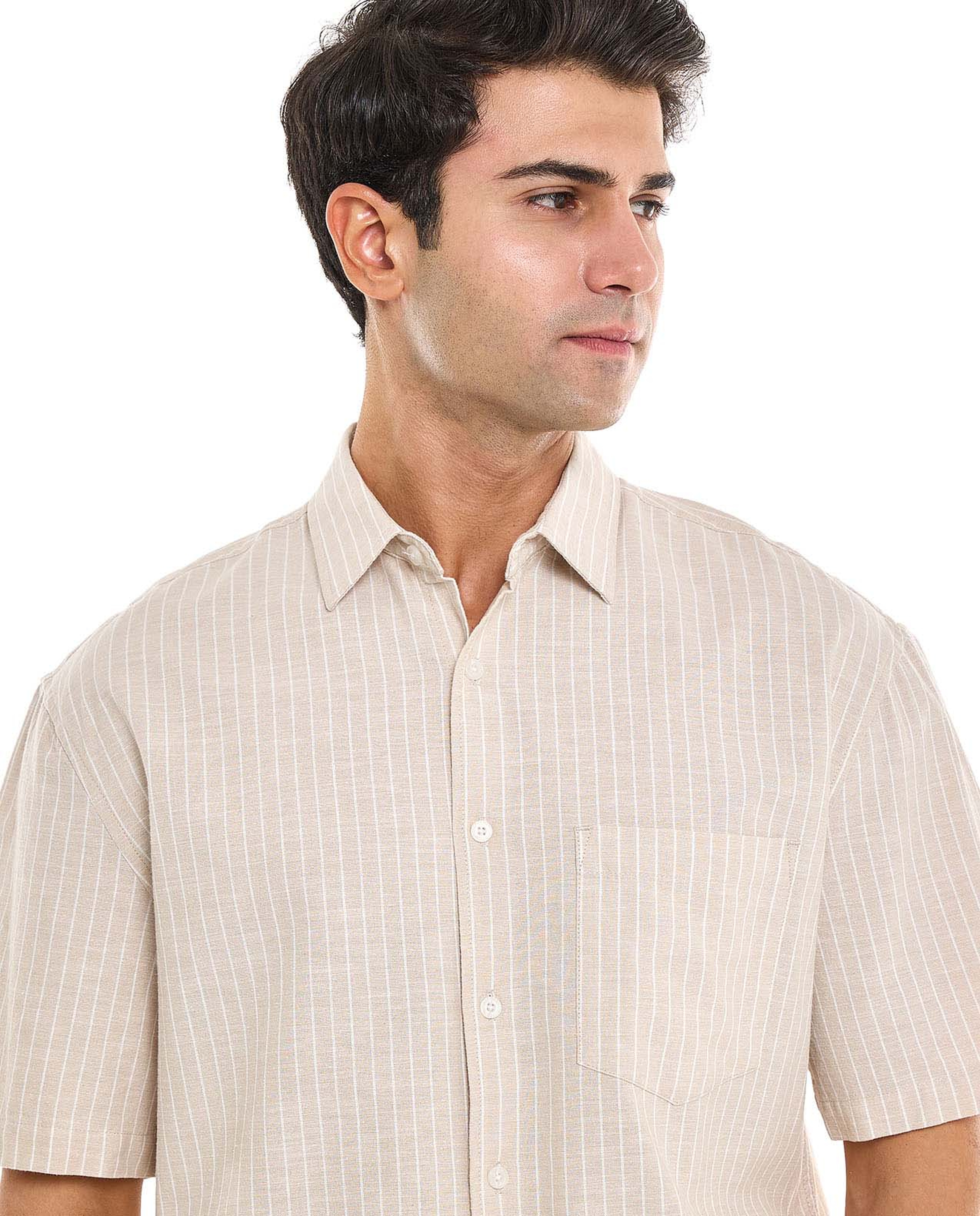 Striped Shirt With Spread Collar and Short Sleeves