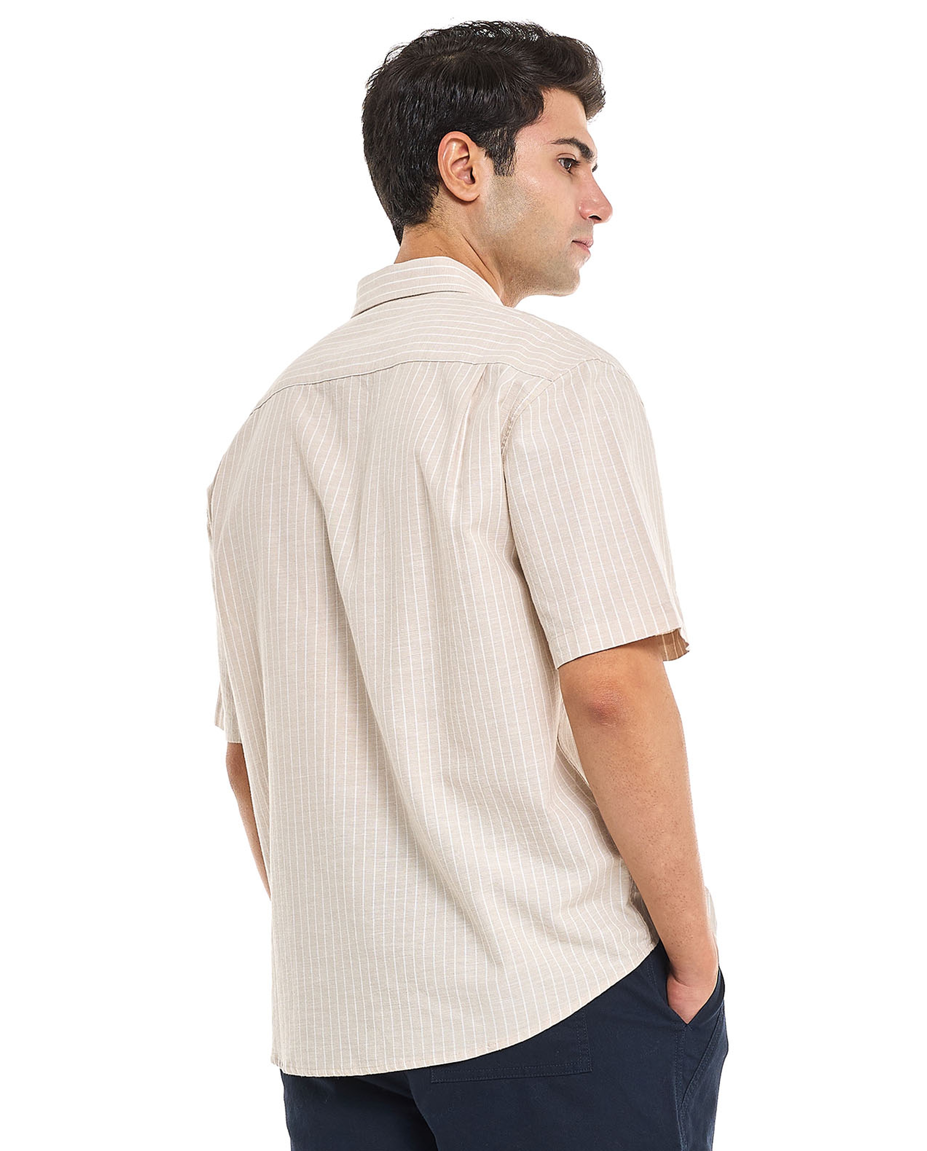 Striped Shirt With Spread Collar and Short Sleeves