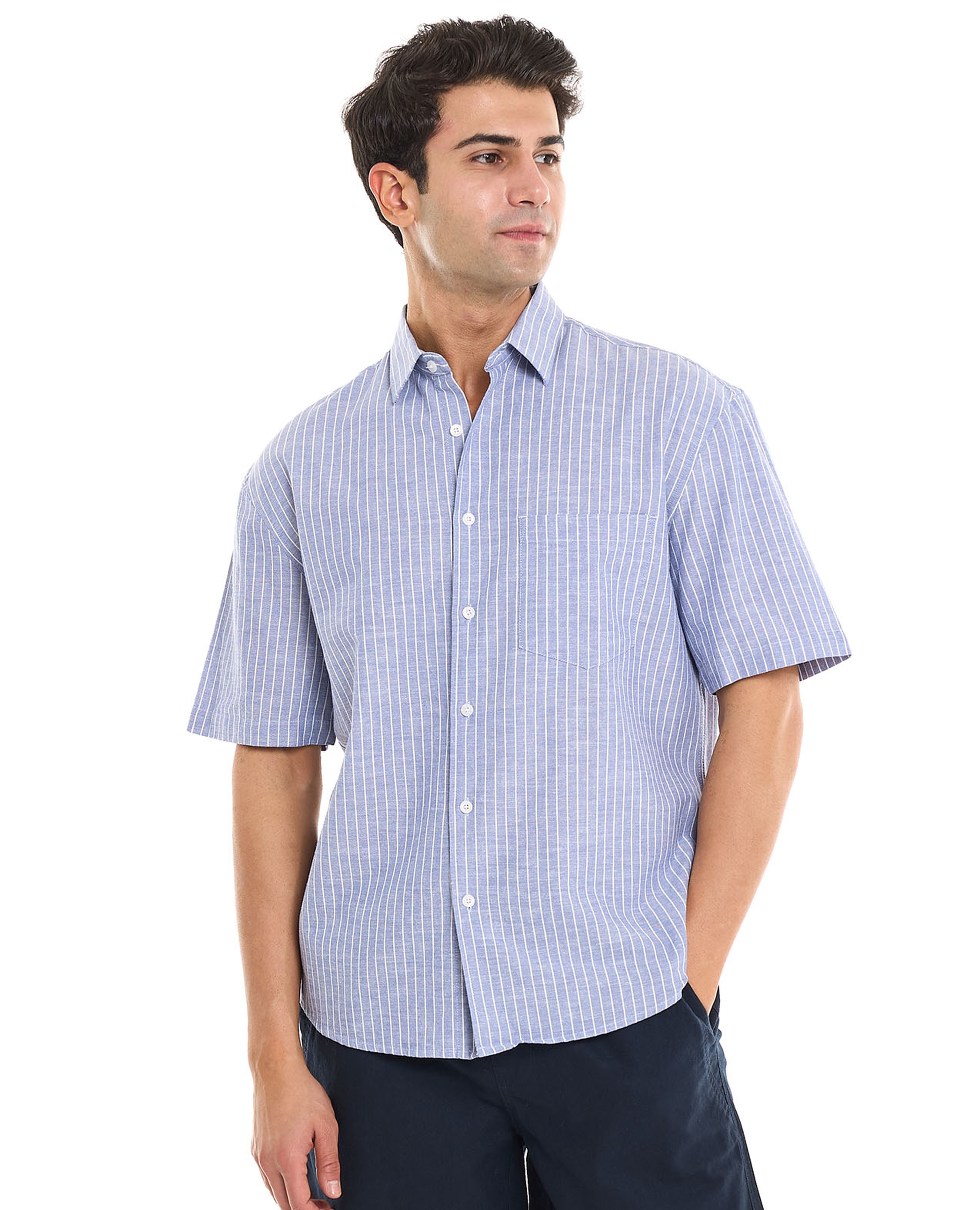 Striped Shirt With Spread Collar and Short Sleeves
