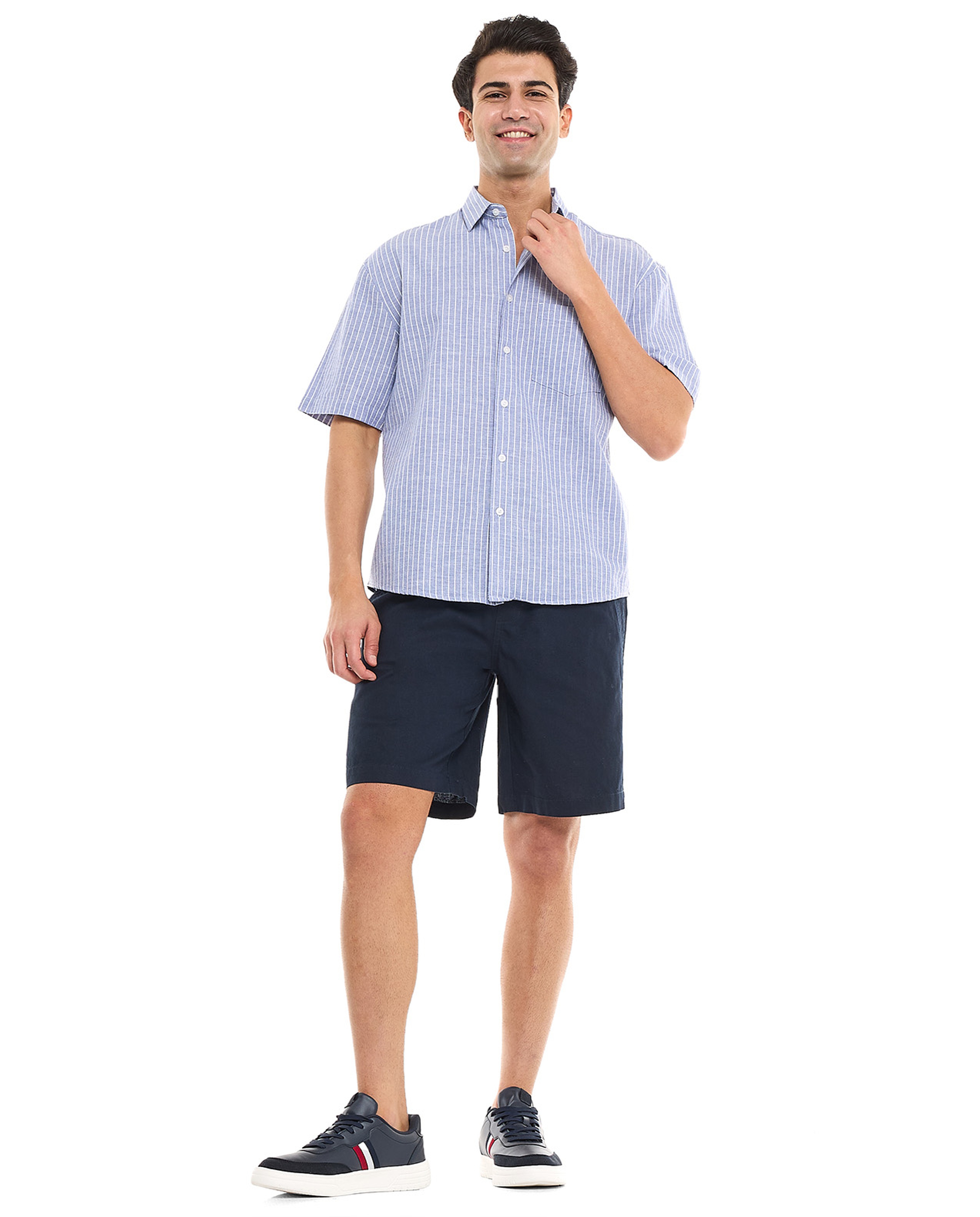 Striped Shirt With Spread Collar and Short Sleeves