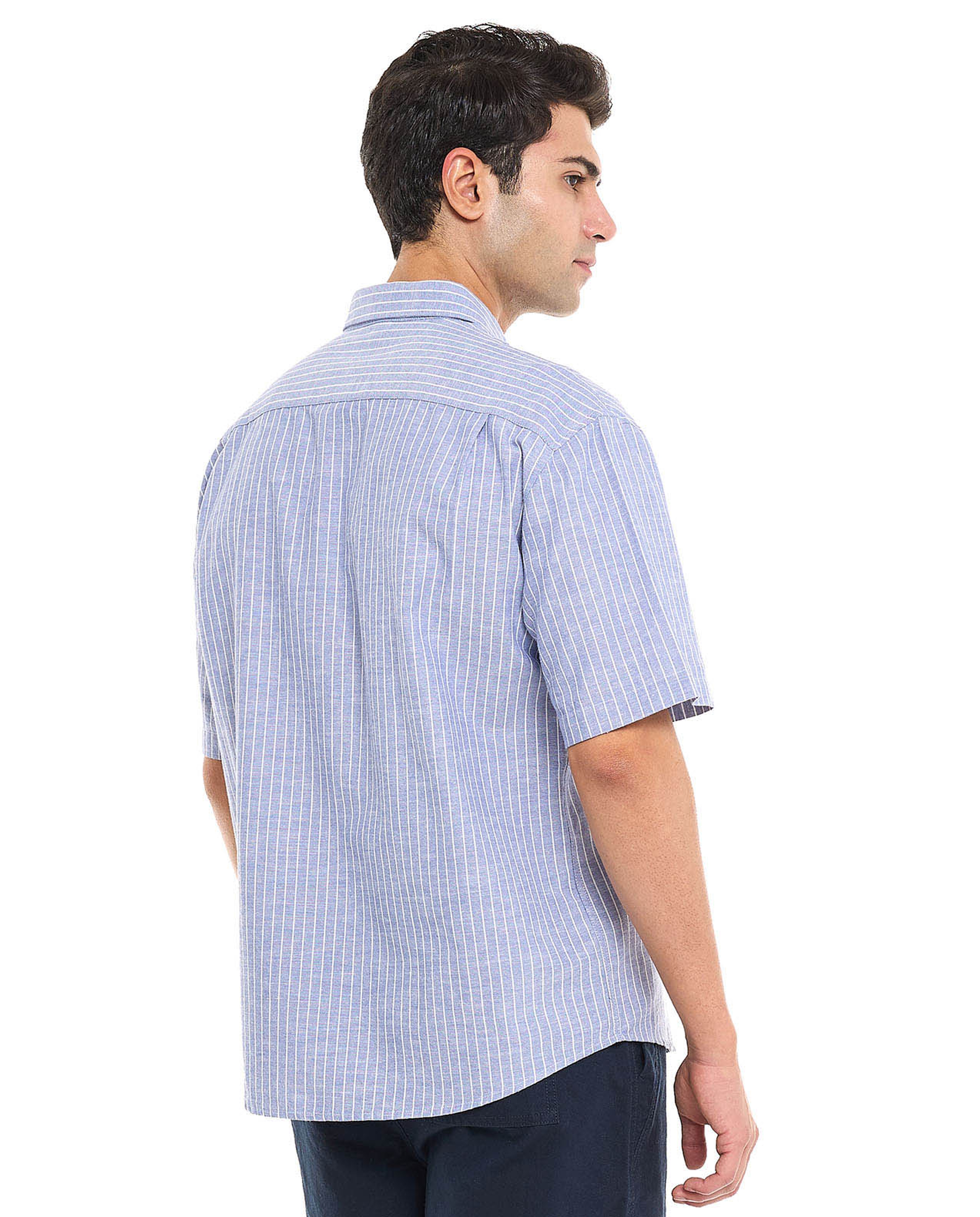 Striped Shirt With Spread Collar and Short Sleeves