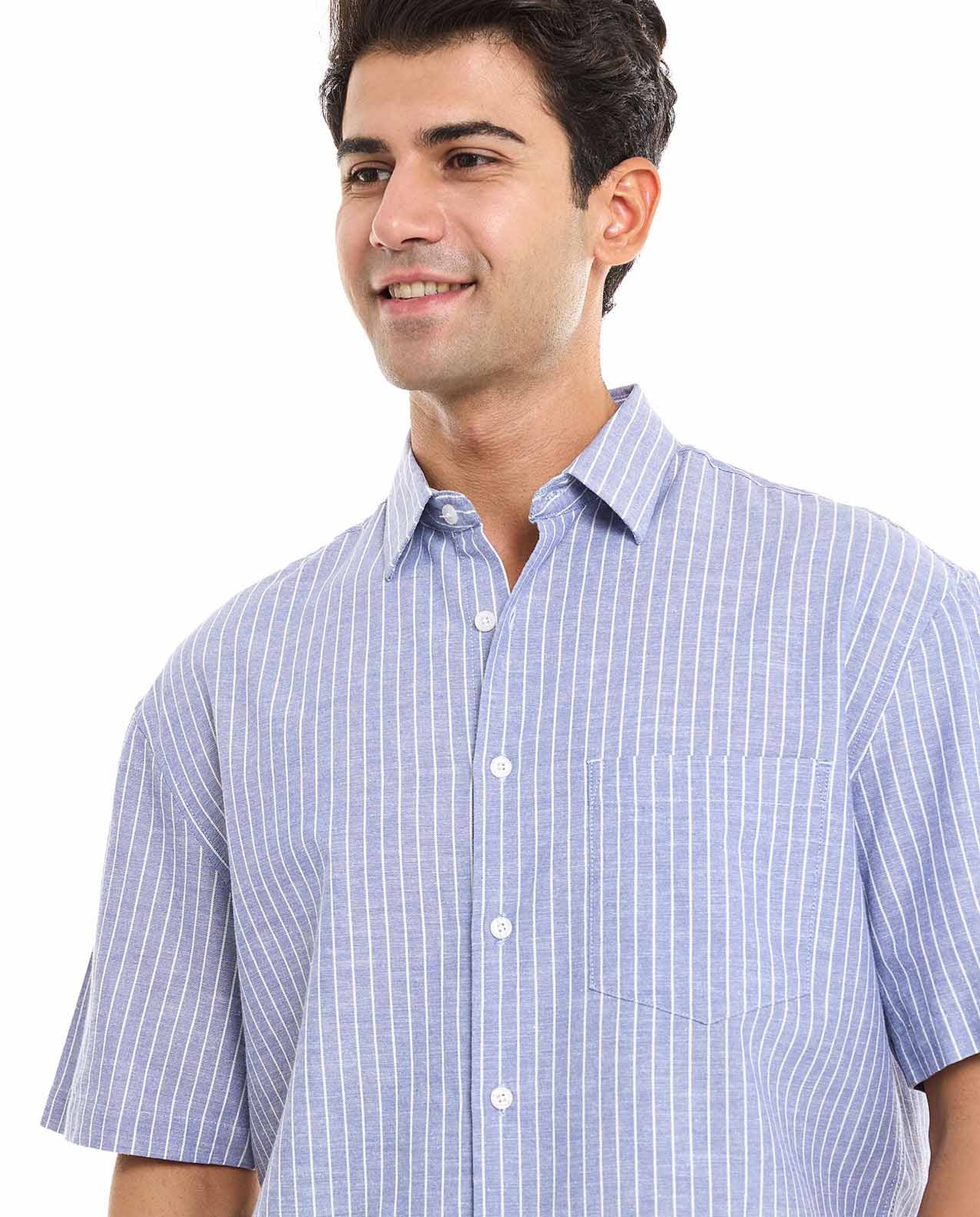 Striped Shirt With Spread Collar and Short Sleeves
