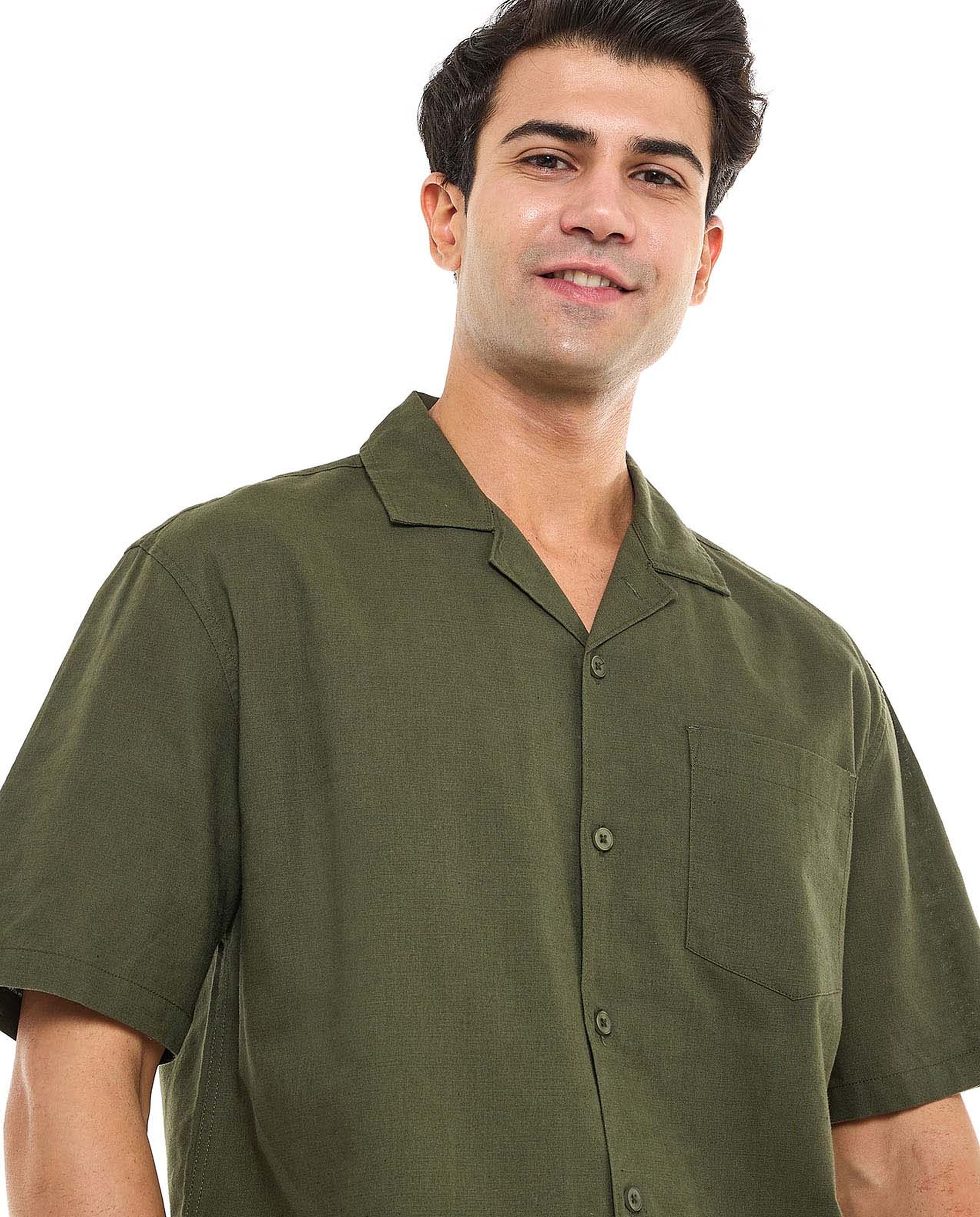 Solid Shirt With Spread Collar and Short Sleeves