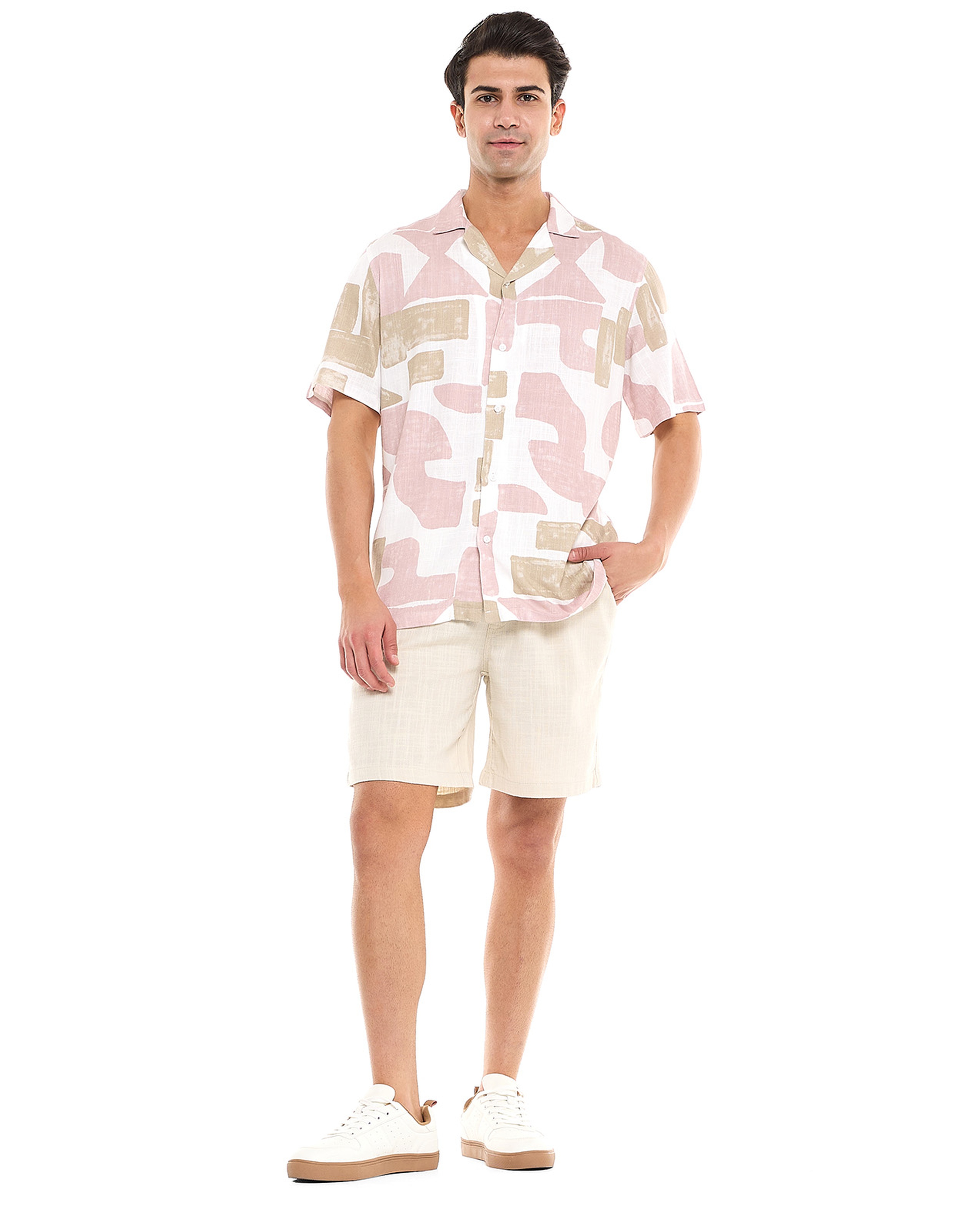 Patterned Shirt With Revere Collar and Short Sleeves