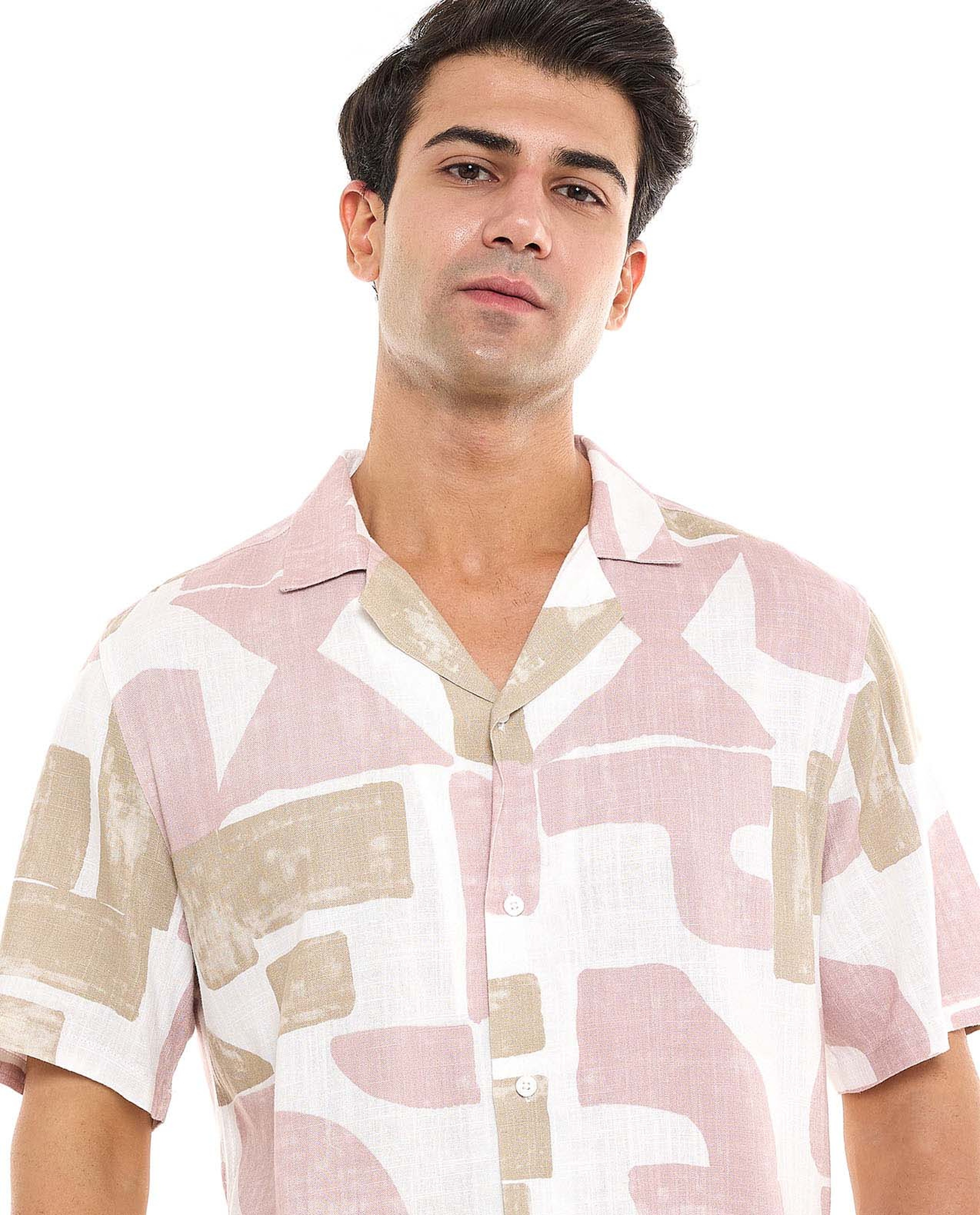 Patterned Shirt With Revere Collar and Short Sleeves