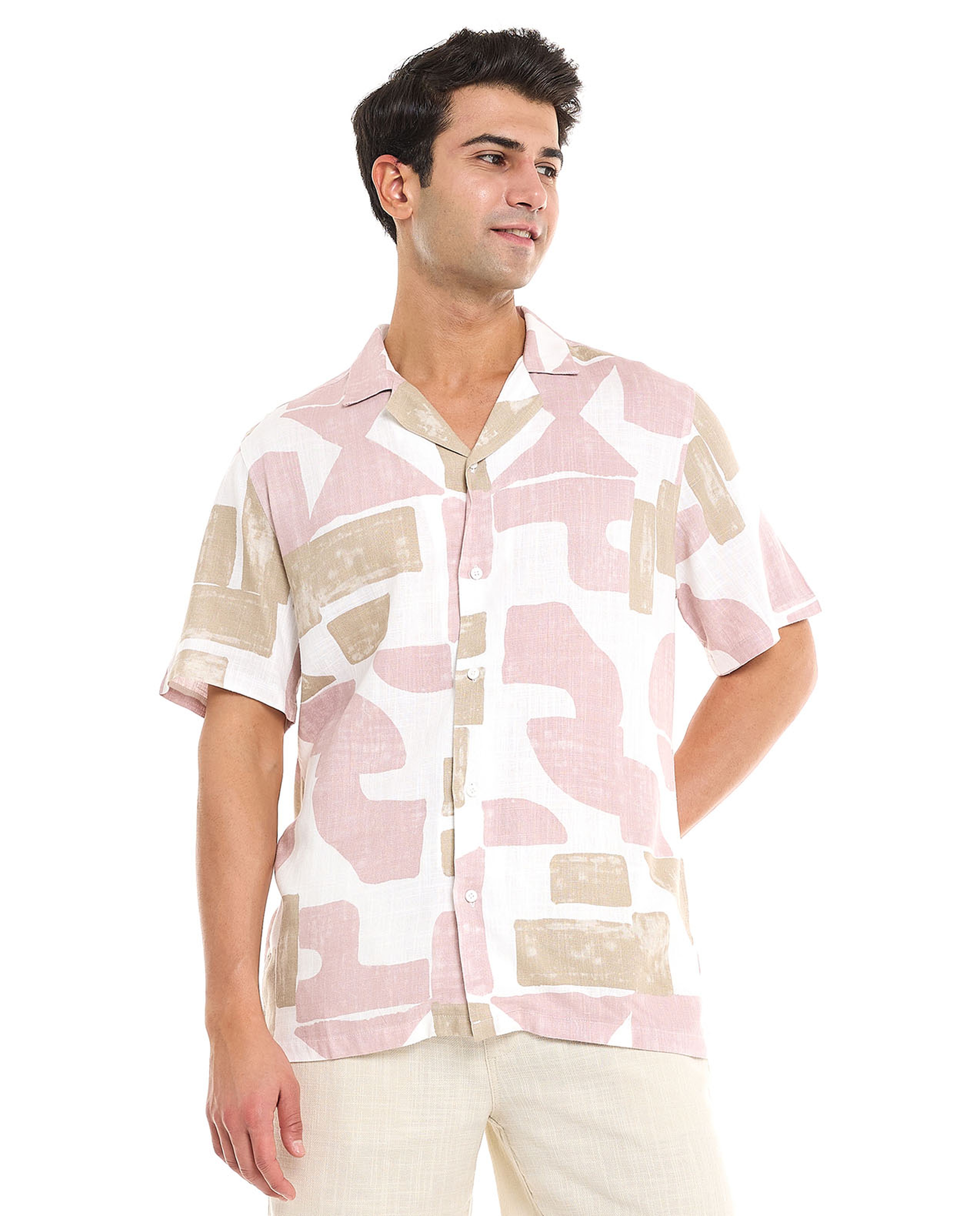 Patterned Shirt With Revere Collar and Short Sleeves