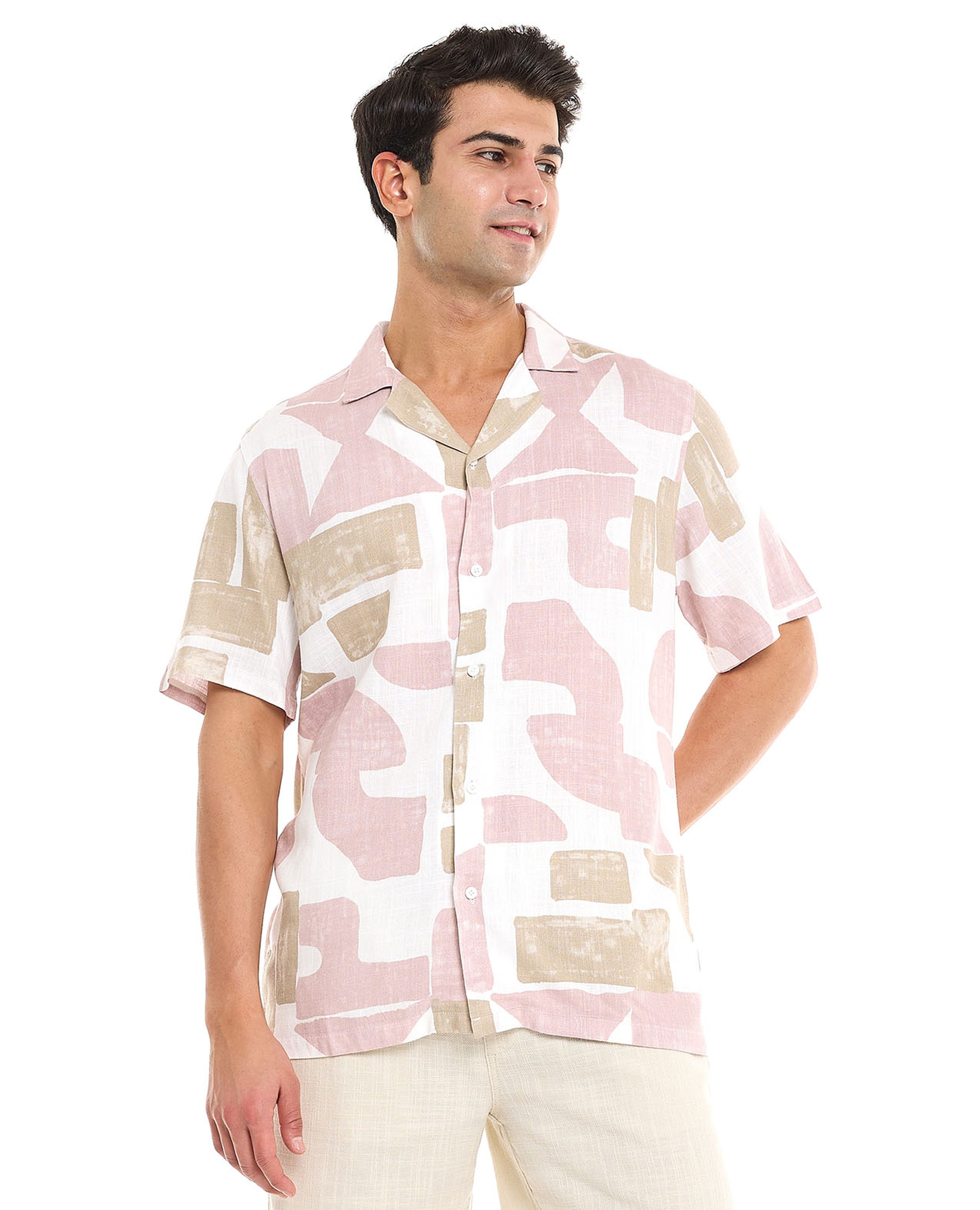 Patterned Shirt With Revere Collar and Short Sleeves