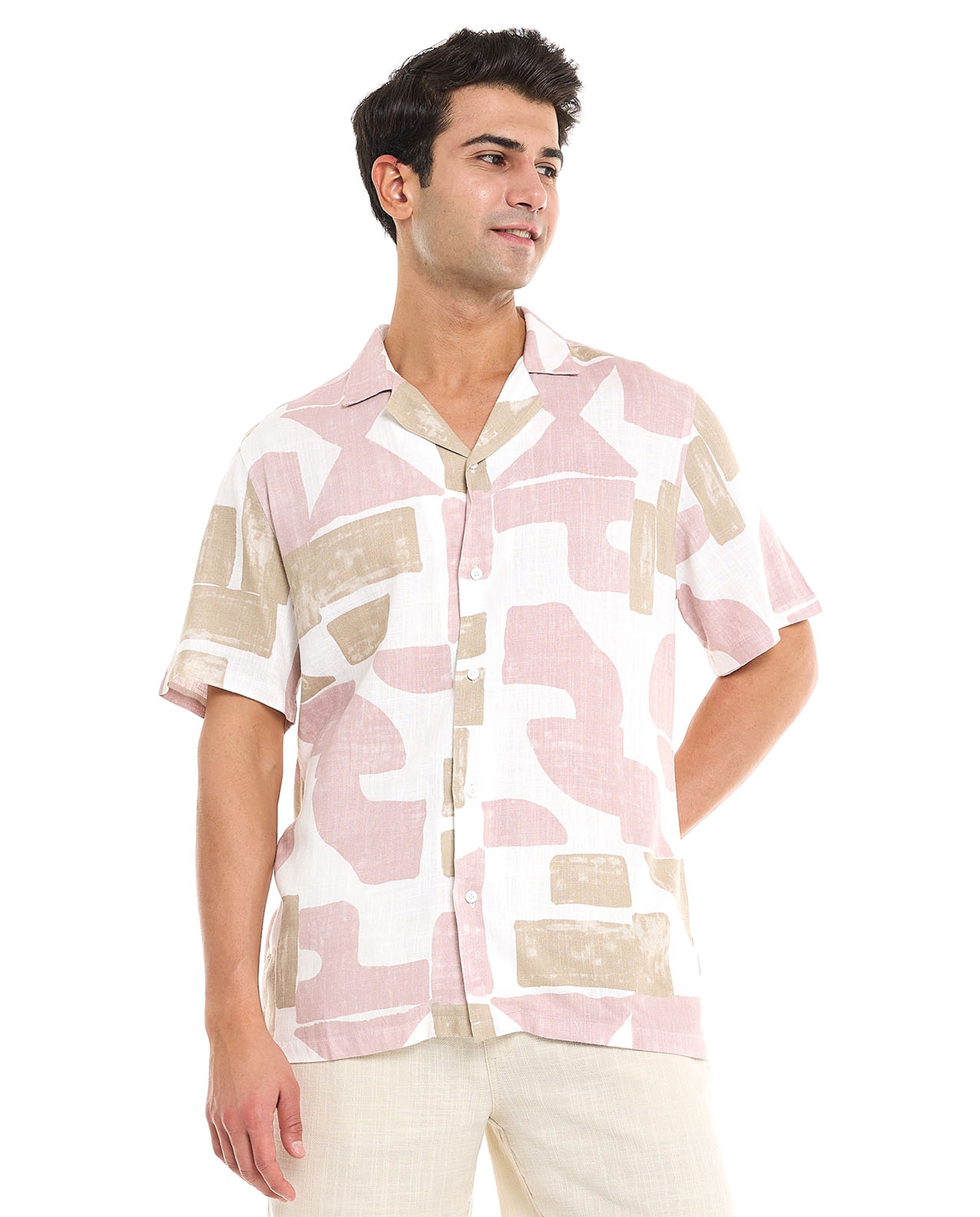 Patterned Shirt With Revere Collar and Short Sleeves