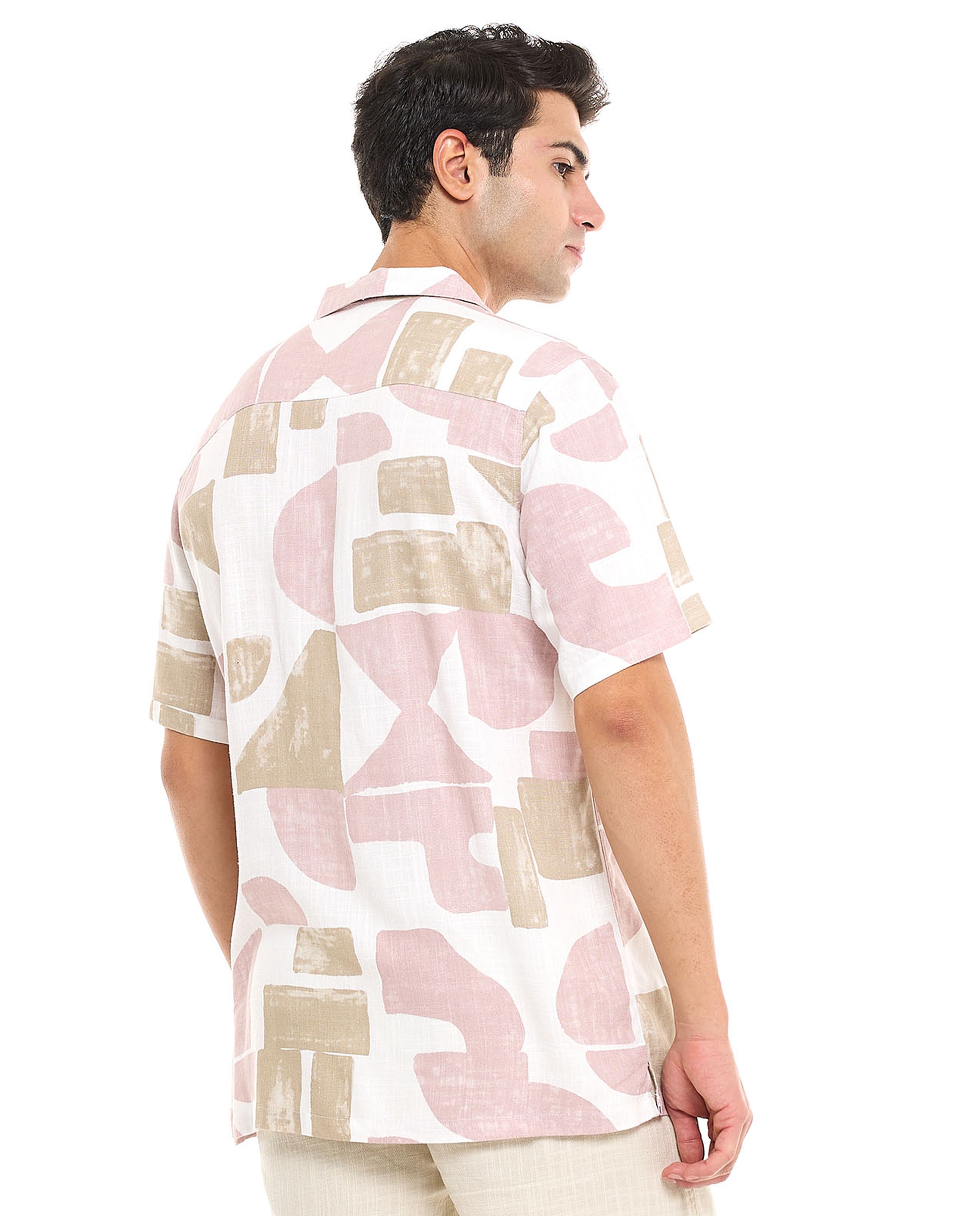 Patterned Shirt With Revere Collar and Short Sleeves