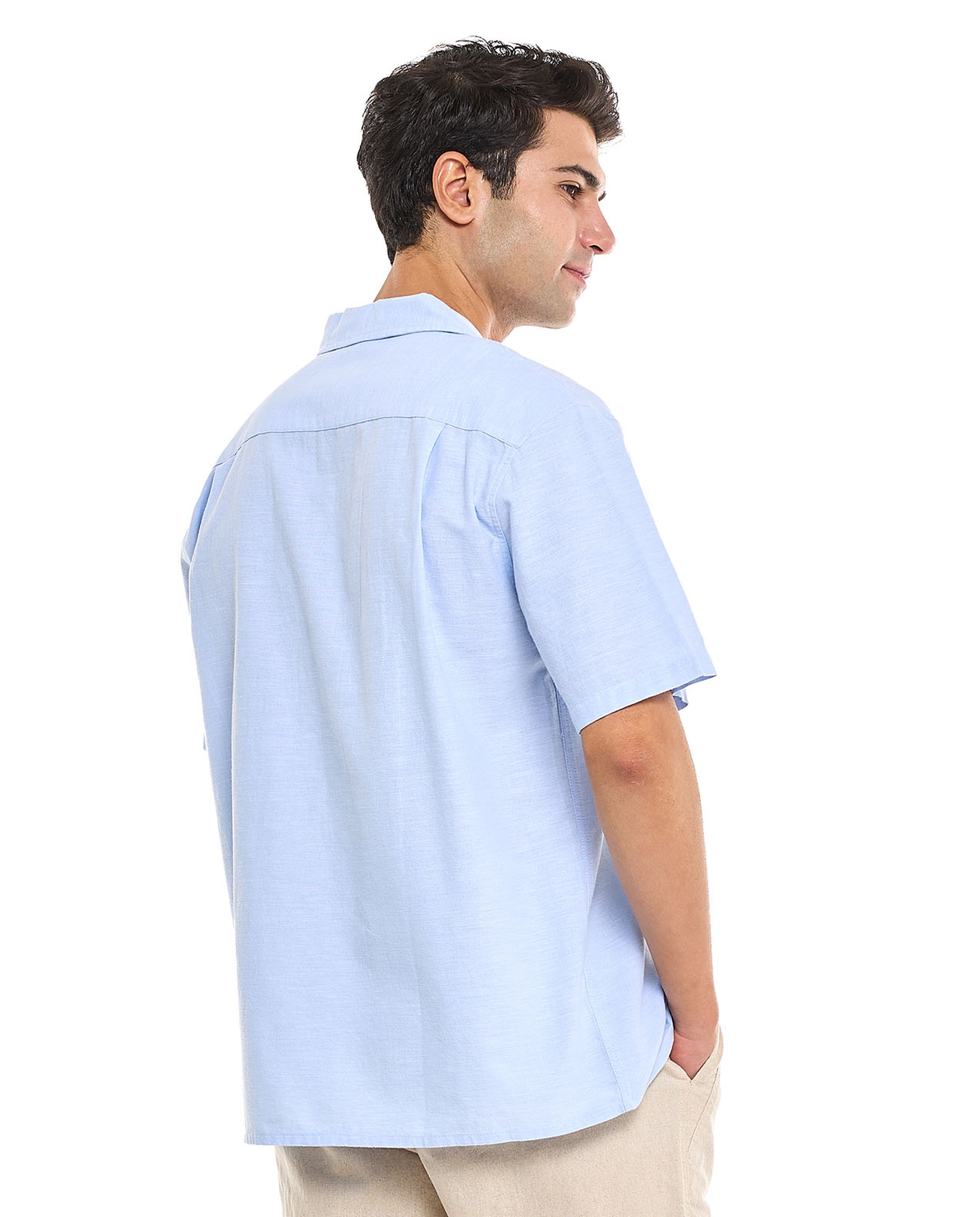 Solid Shirt With Spread Collar and Short Sleeves