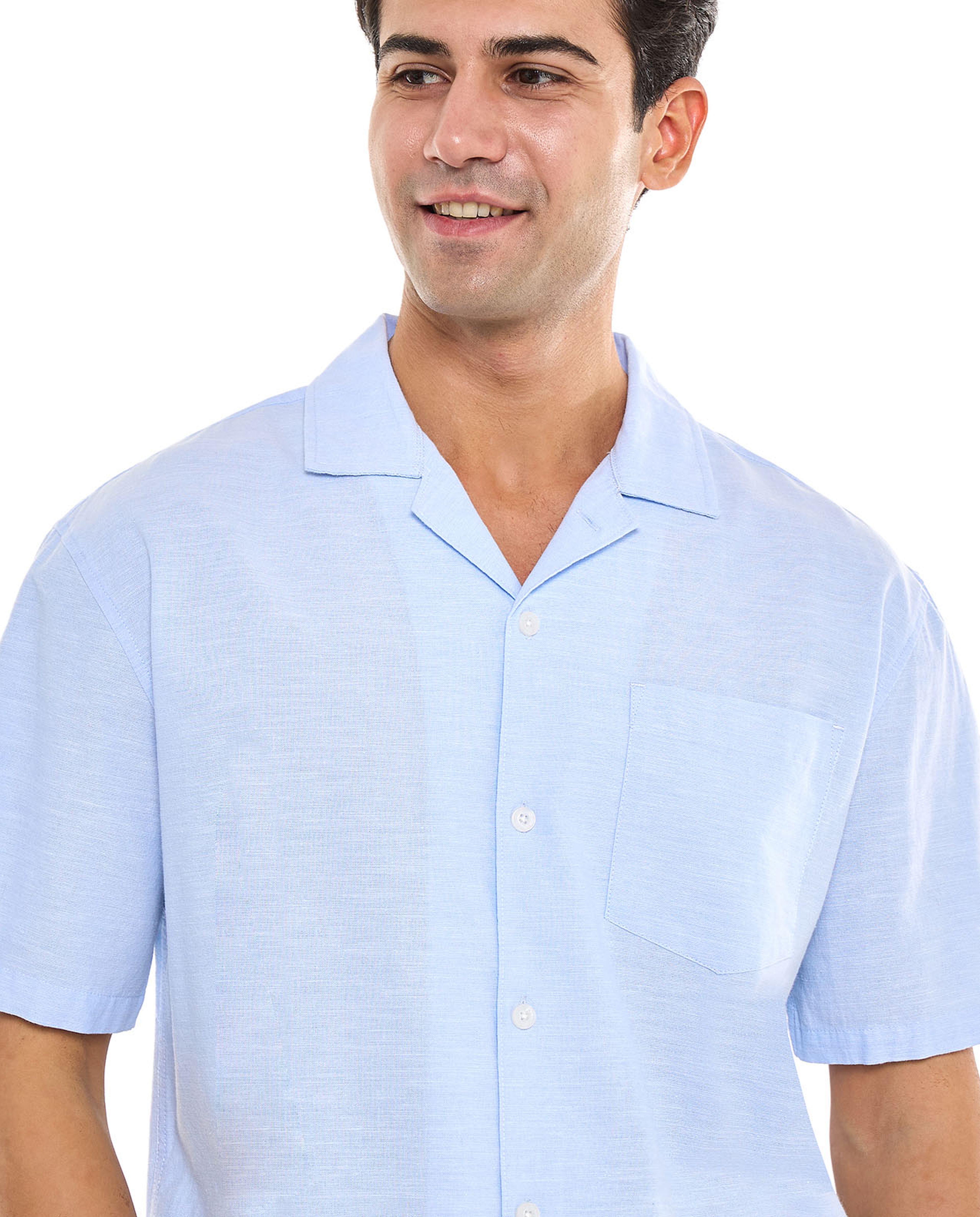 Solid Shirt With Spread Collar and Short Sleeves