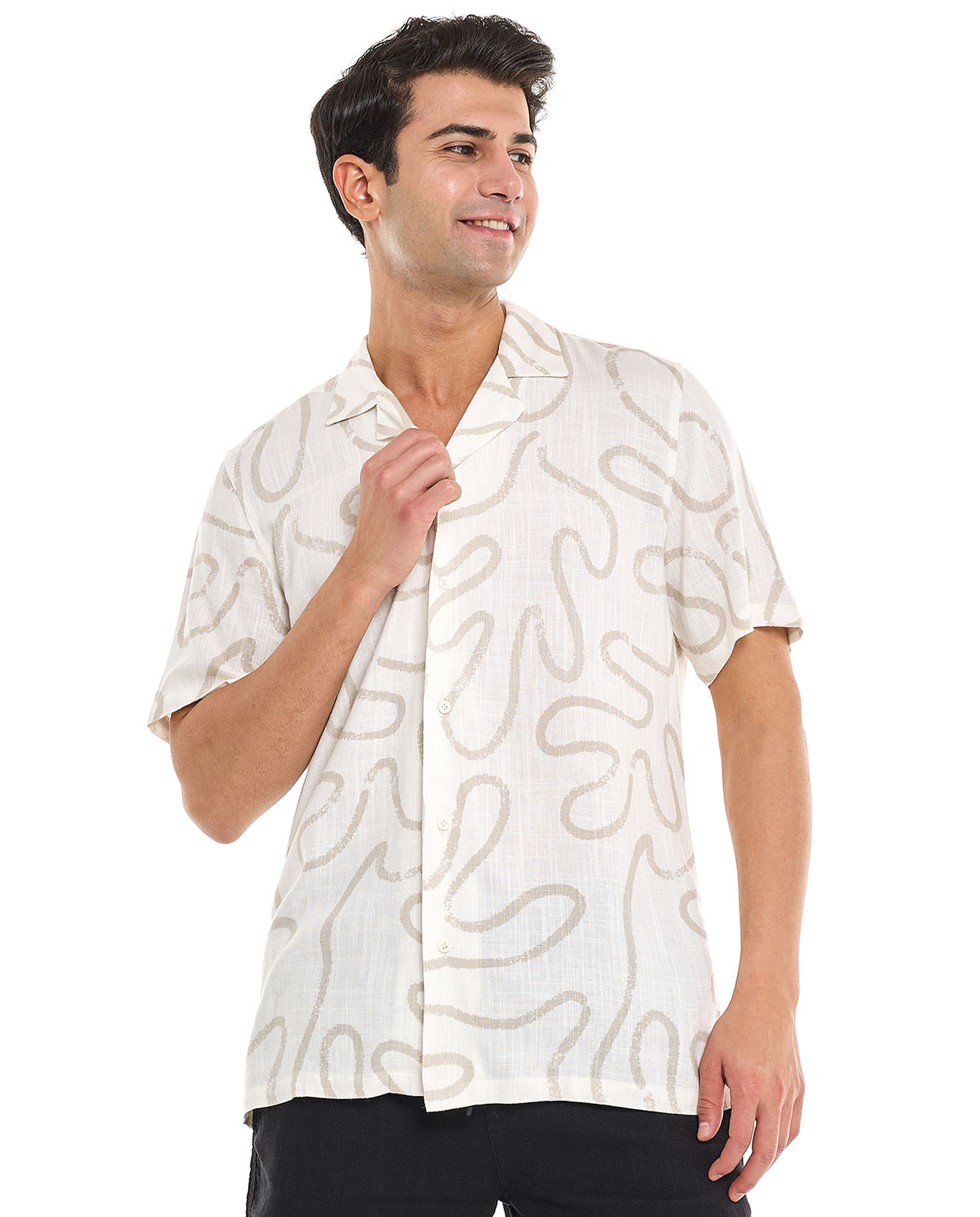 Patterned Shirt With Revere Collar and Short Sleeves