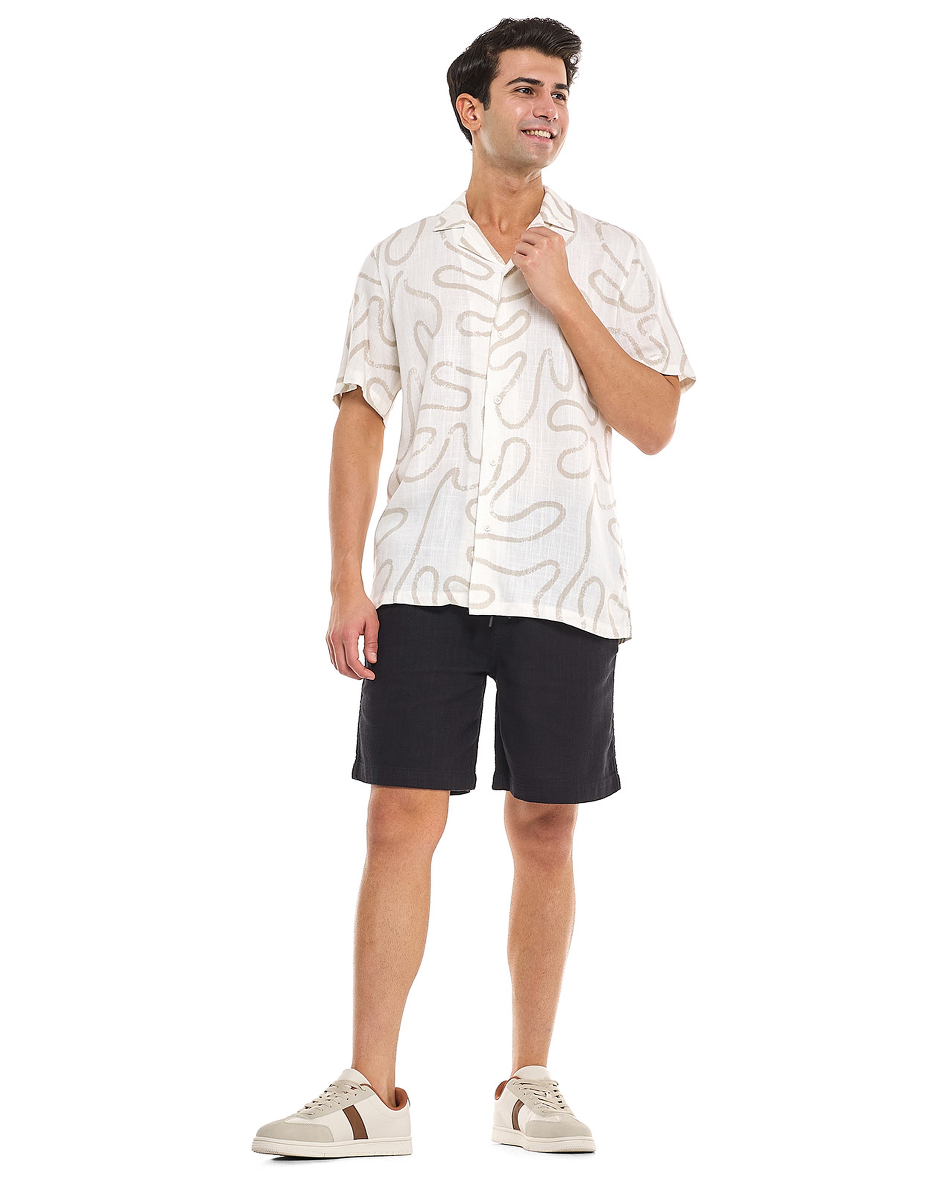 Patterned Shirt With Revere Collar and Short Sleeves