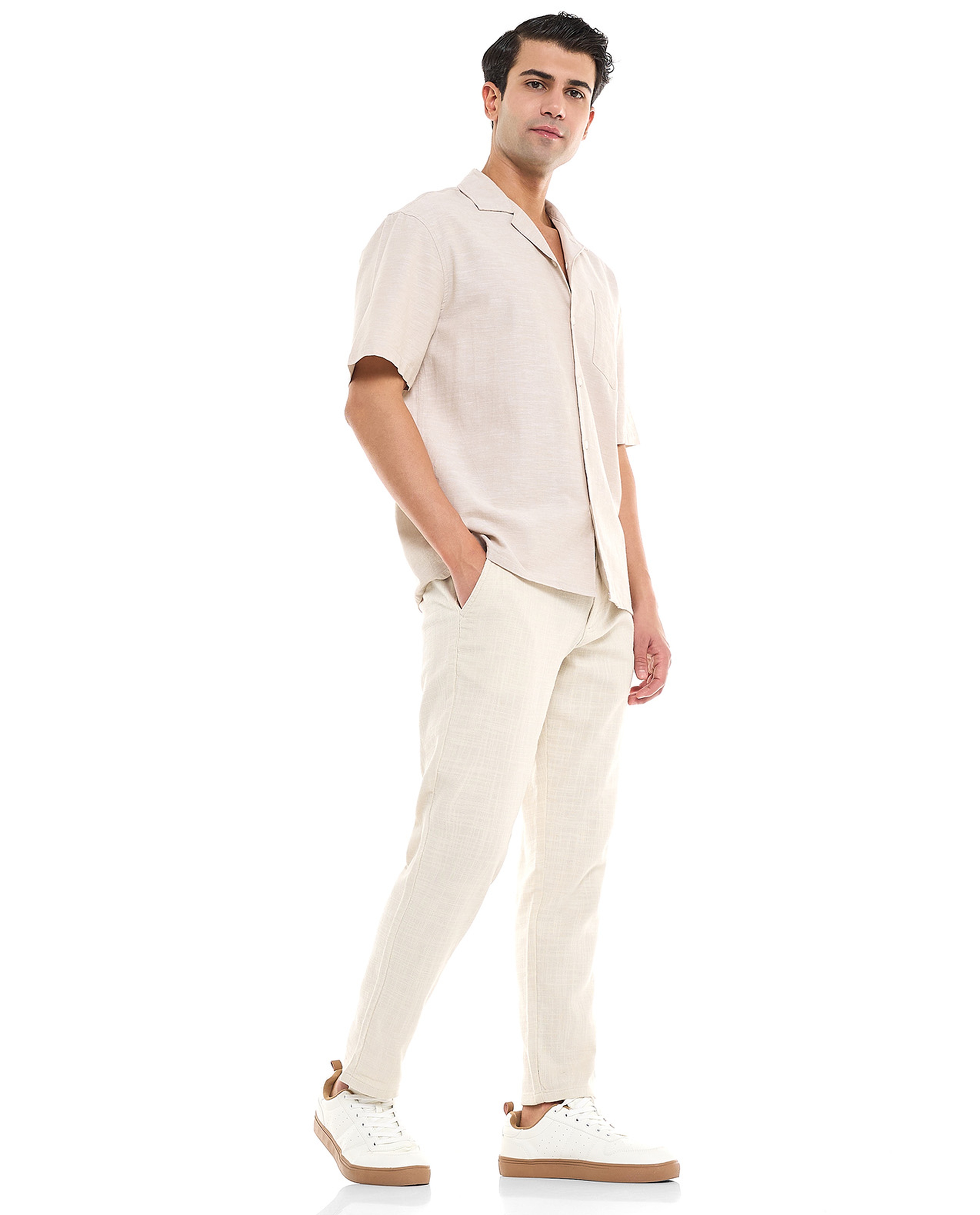 Solid Shirt With Spread Collar and Short Sleeves