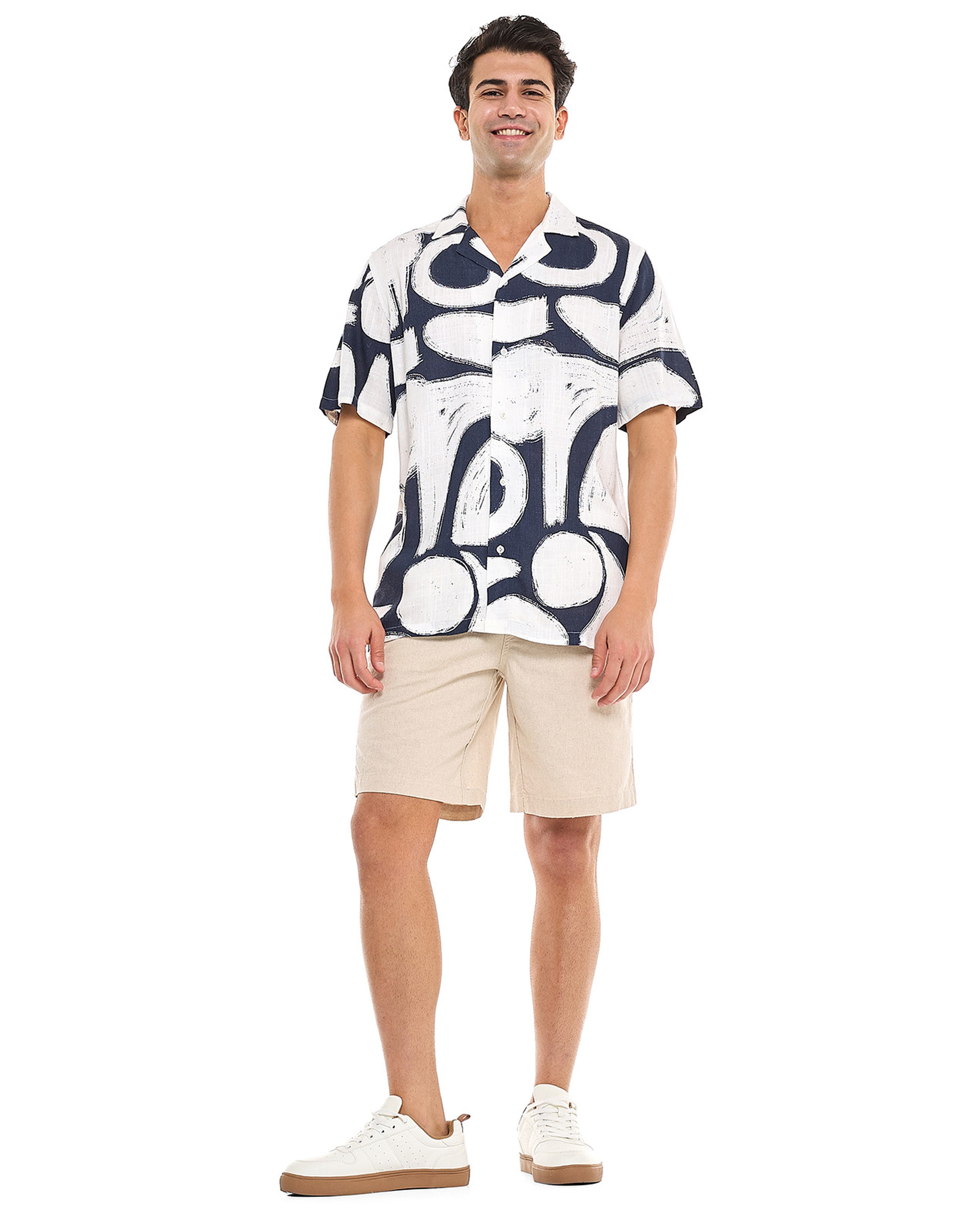 Patterned Shirt With Revere Collar and Short Sleeves