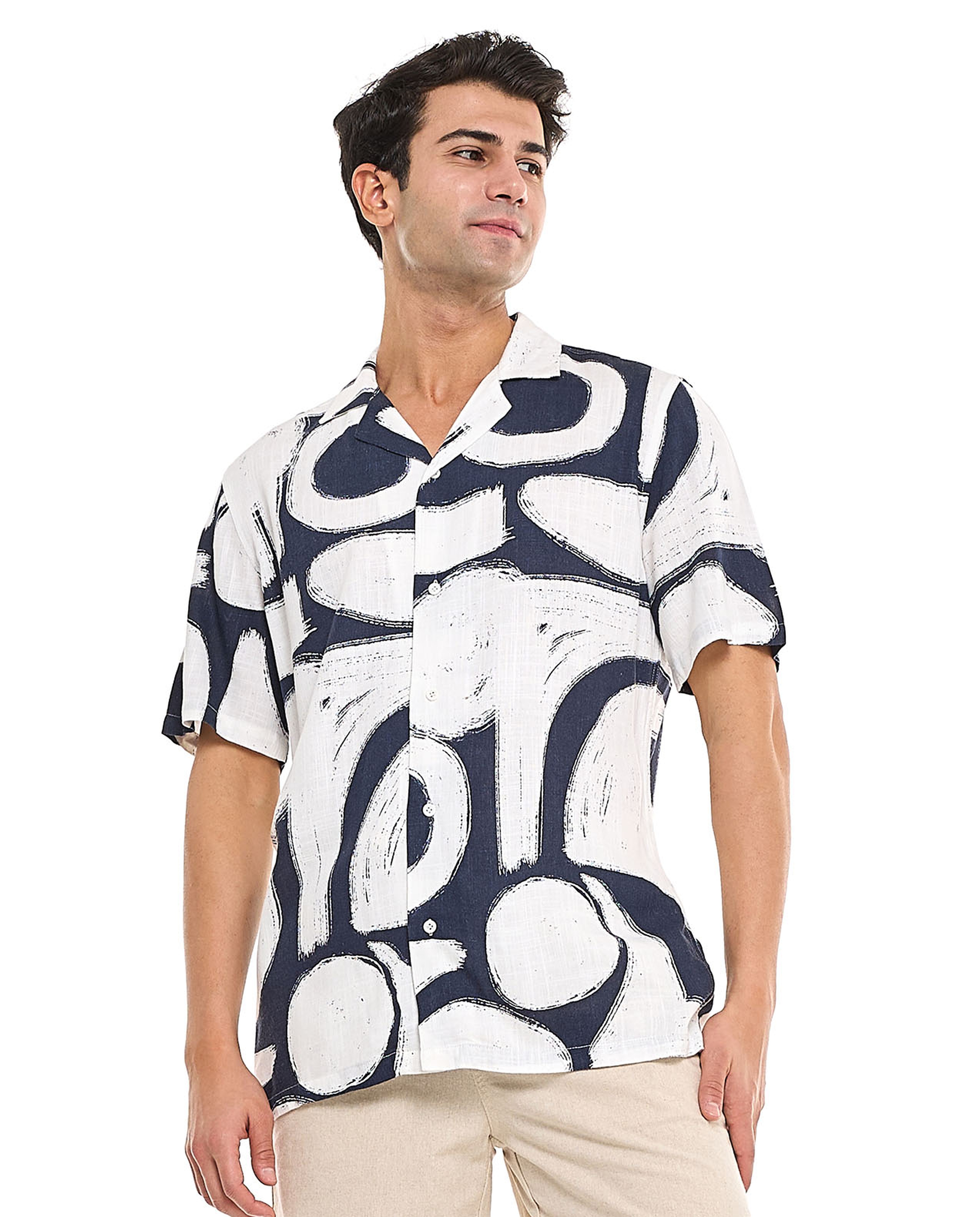 Patterned Shirt With Revere Collar and Short Sleeves