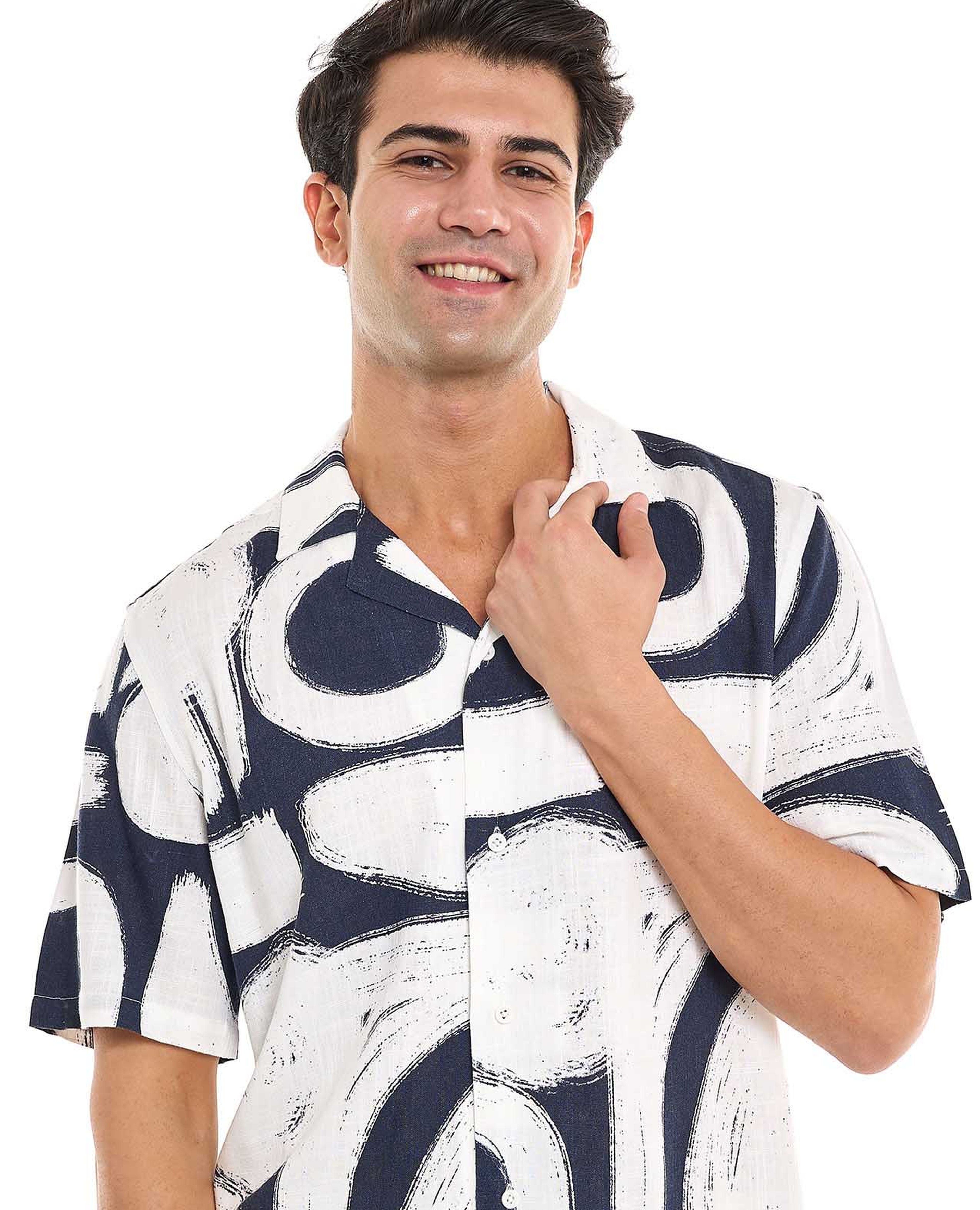 Patterned Shirt With Revere Collar and Short Sleeves