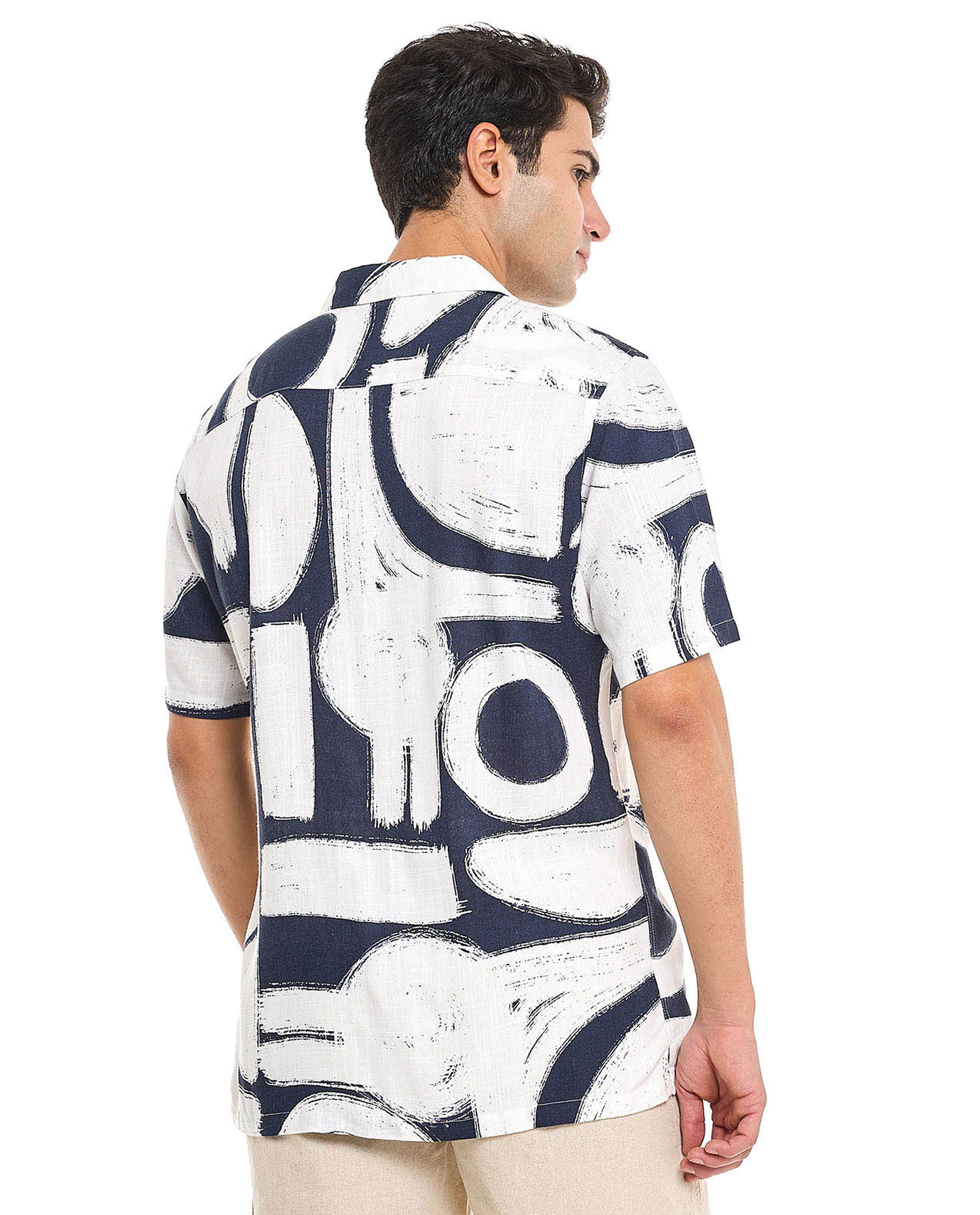 Patterned Shirt With Revere Collar and Short Sleeves