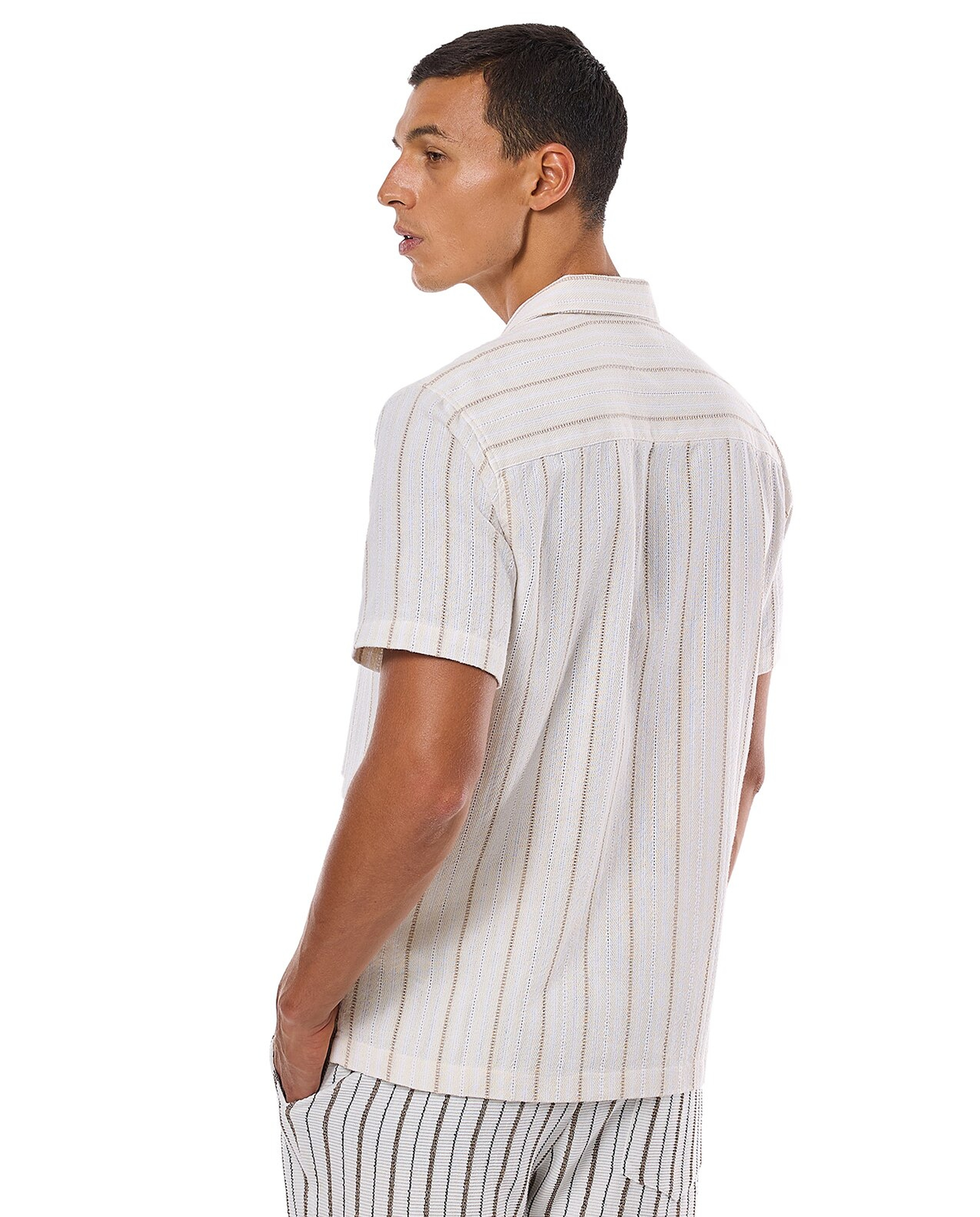 Striped Shirt with Revere Collar and Short Sleeves