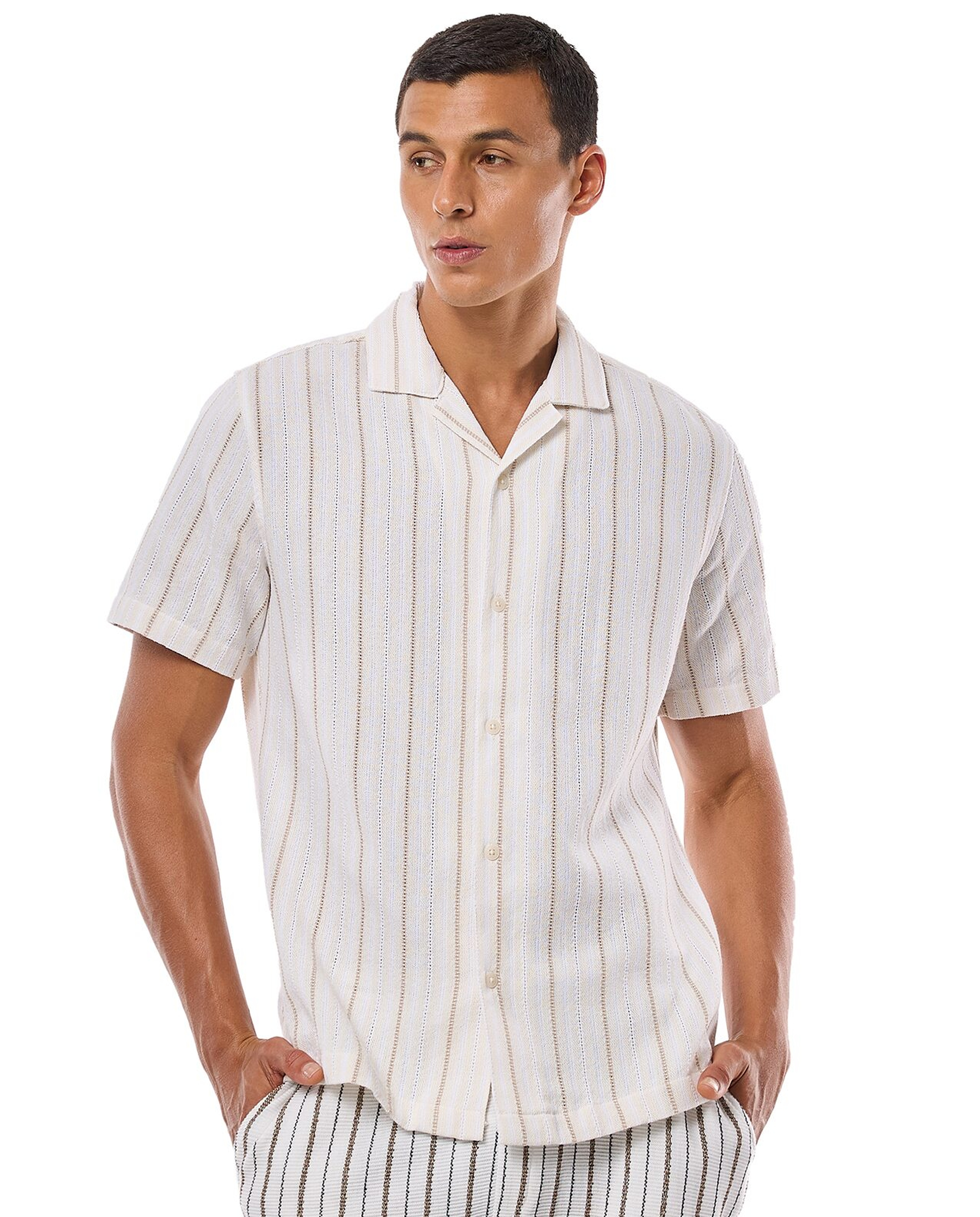 Striped Shirt with Revere Collar and Short Sleeves